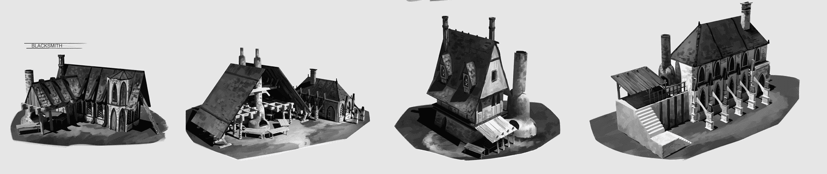 Black and white concept sketches of 4 different buildings.