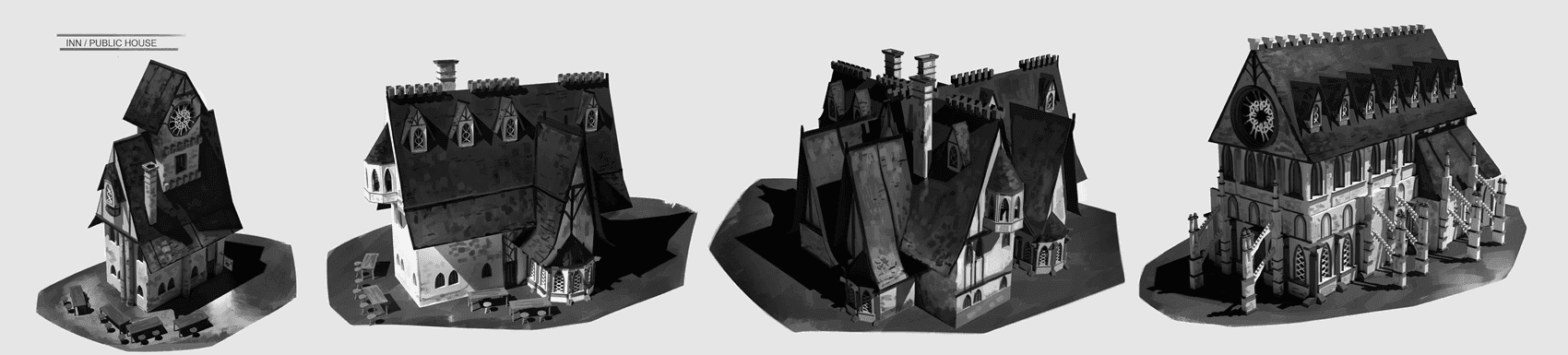 Black and white concept sketches of 4 different buildings.
