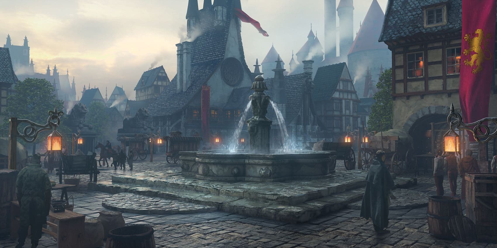 A foggy town center with rough cobblestone streets and a raised fountain. White houses with steep blue roofs line the streets while people mill about