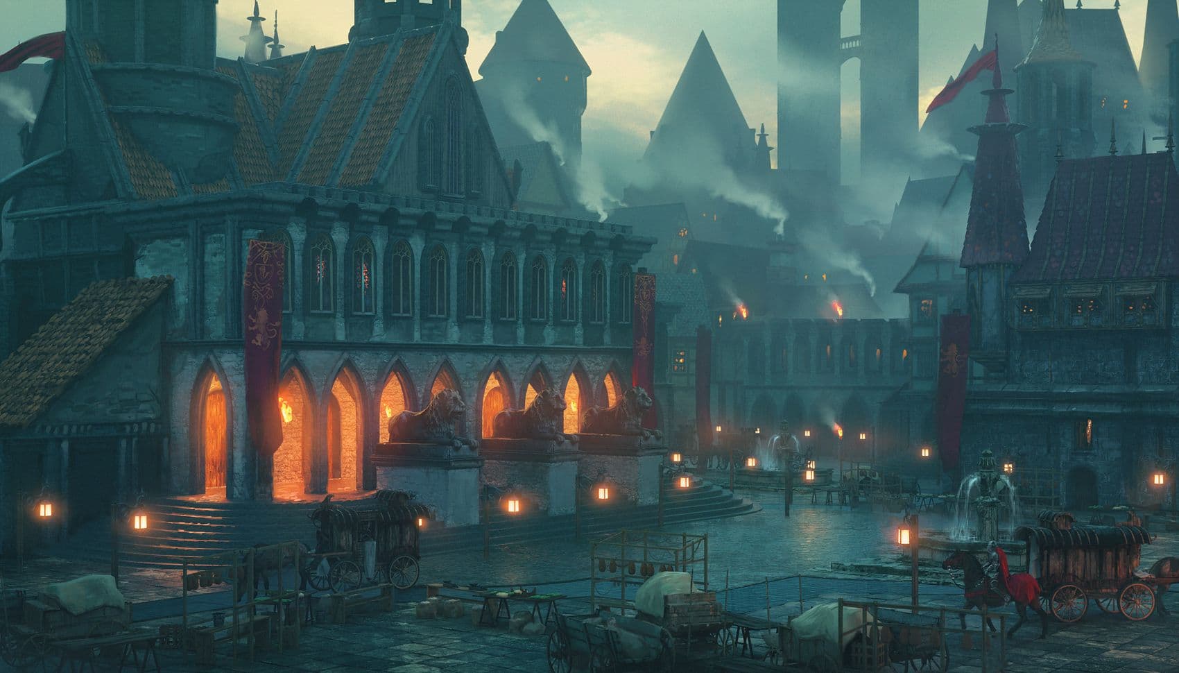 A foggy dimly-lit city center with a number of people and stalls on the polished stone streets. A large white stone building stands at the top of many stairs, with lion statues in front of it's many entrance archways that glow orange with torchlight