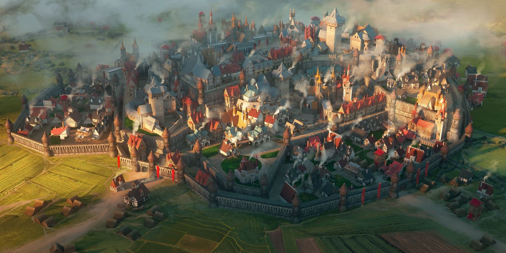 Ariel view of a large city with dense white stone homes and pointed red roofs. It is surrounded by a stone wall and green farmland