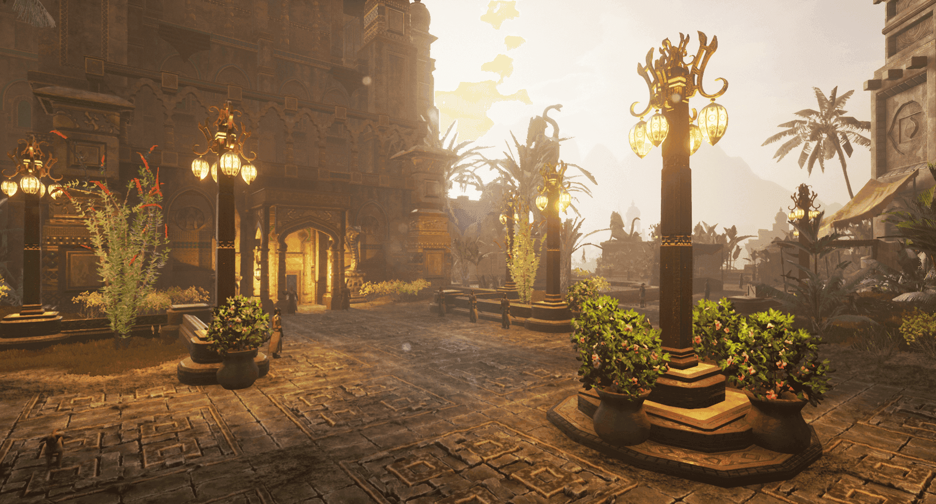 Metropolis city square with streetlamp posts and green plants.