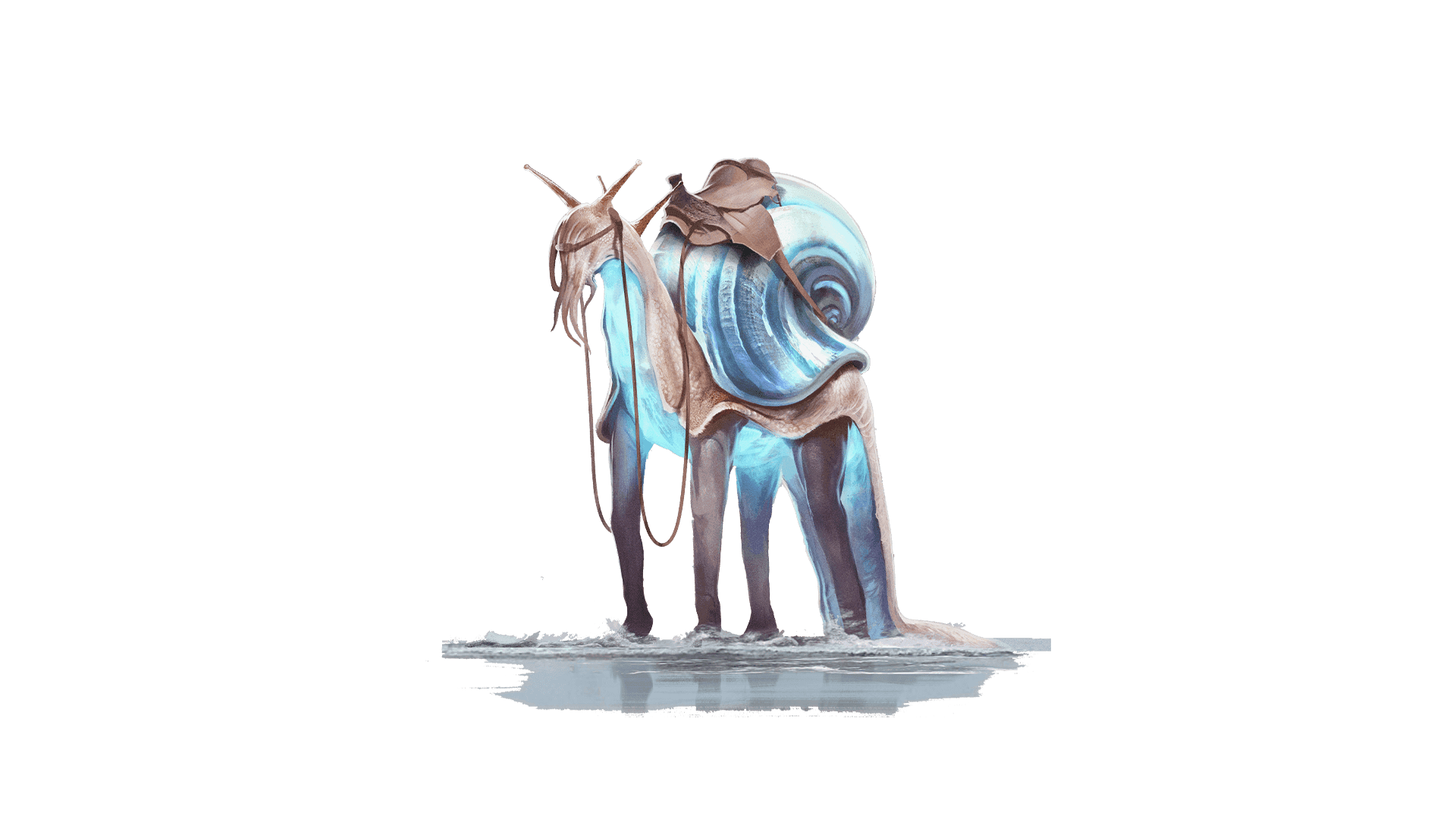 A snail like creature with tall legs and a glowing blue underbelly stands in a pool of water with a leather saddle on its back.