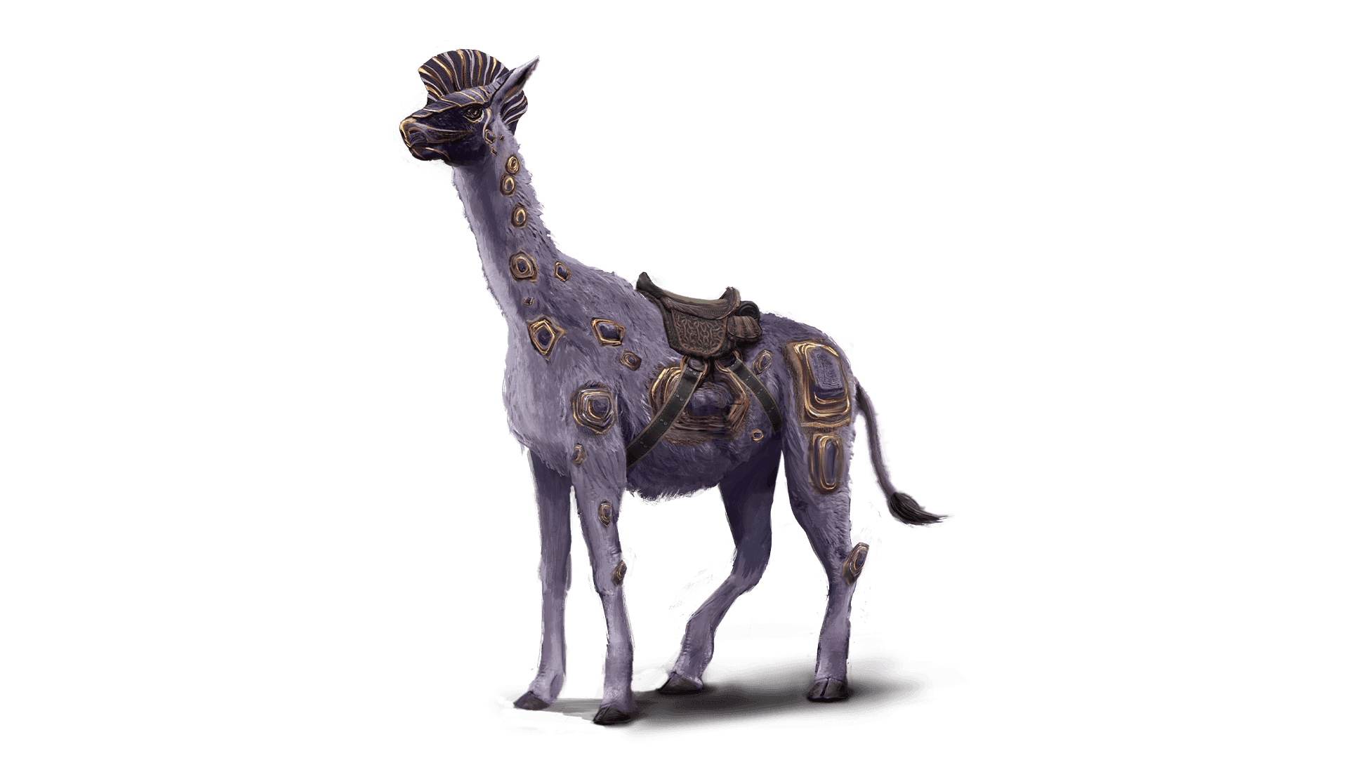 A purple llama with gems protruding off of its body. This llama like creature has a purple and gold stripped mohawk and leather saddle on its back.