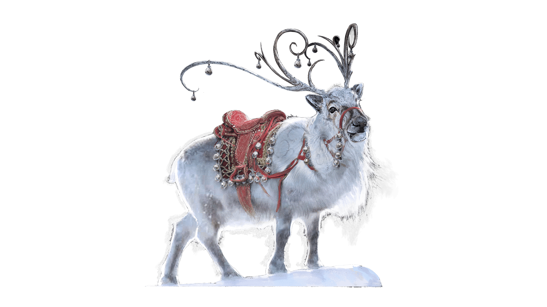 A reindeer like creature with snow white fur and long curling antlers stands the the side. The creature has a red saddle on its back with jingle bells attached. Silver ornaments hang off of its antlers as well.  