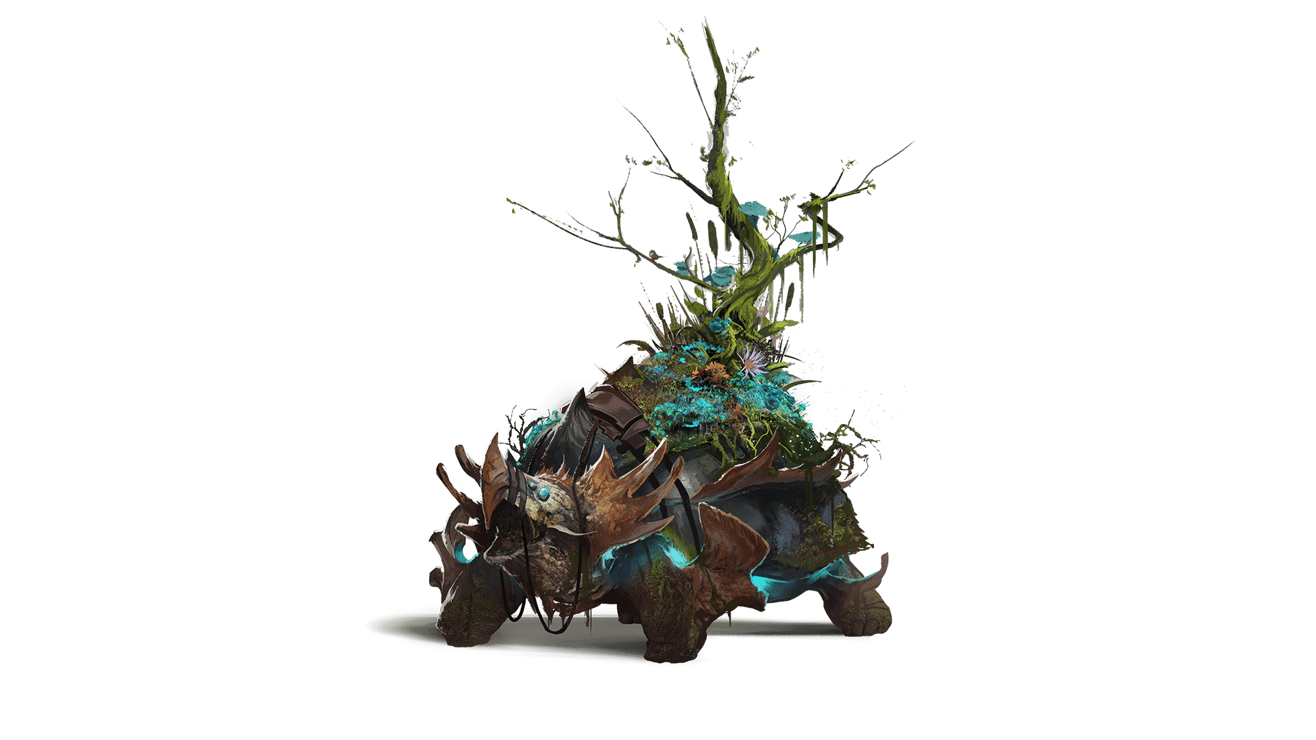 A snapping turtle like creature with four blue eyes stands with its mouth wide open as a gnarled tree with flowers at its base grows from its back.