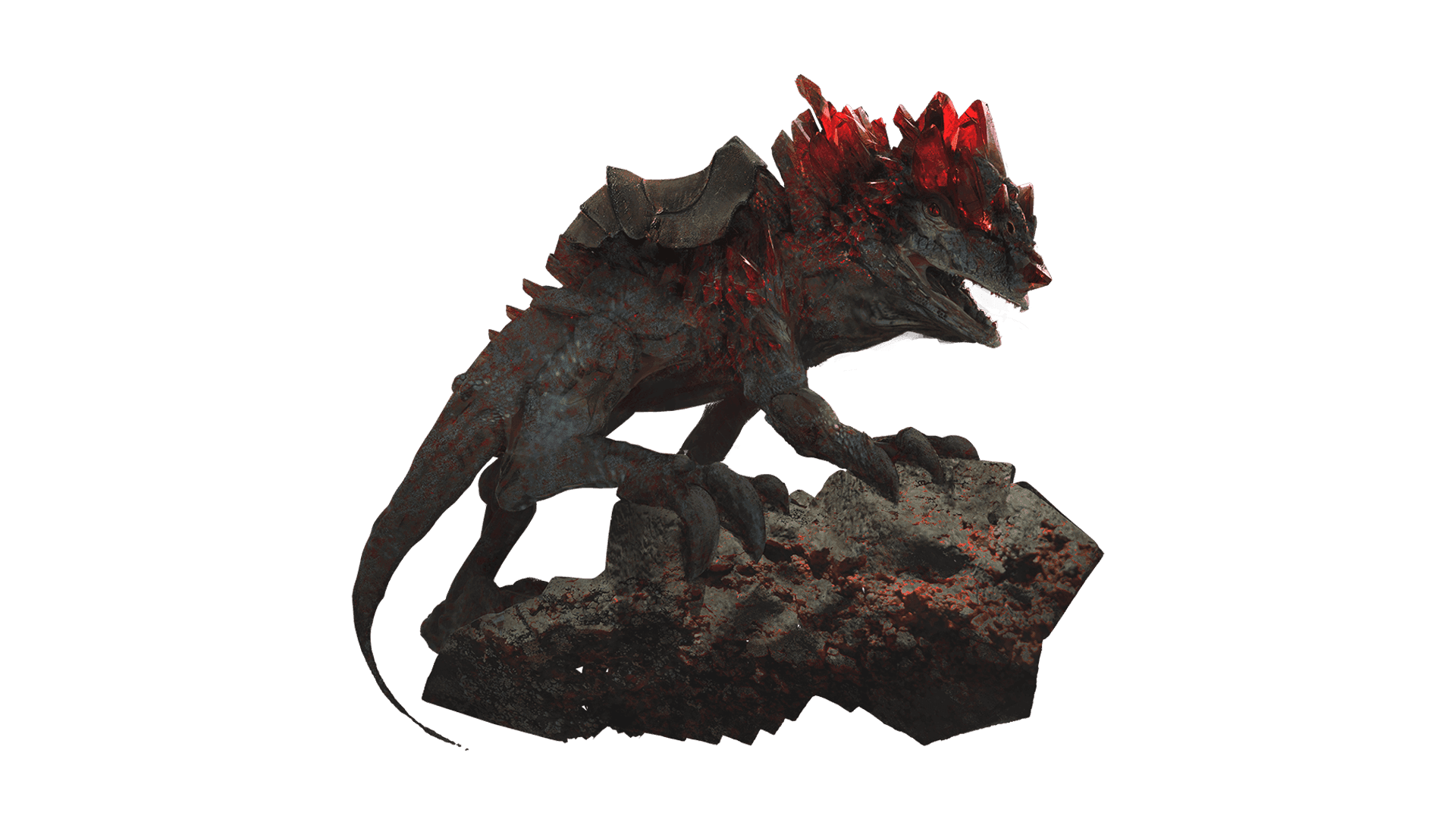 A black lizard creature with three sharp claws grips onto a piece of rock. The lizard creature has a patch of rubies growing from the crown of its head.
