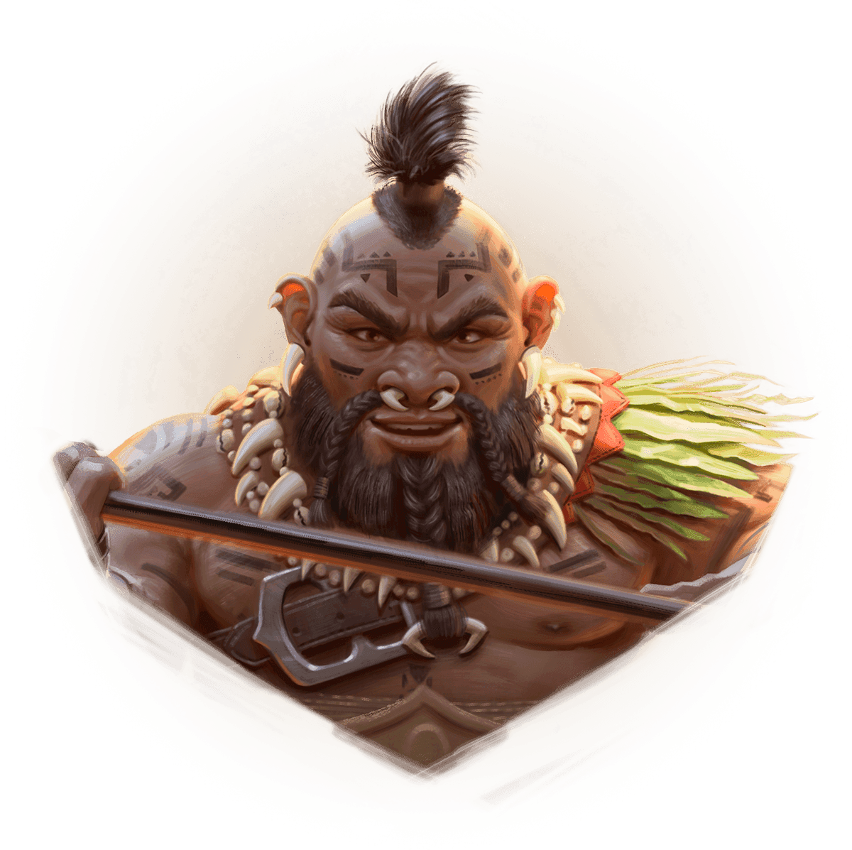 a dwarven man with tanned skin, dark eyes, a dark mohawk, and a large braided beard faces forward. His face and body are covered in a number of black patterned tattoos. He wears light armor made of bone, leather, and grasses that covers his left shoulder
