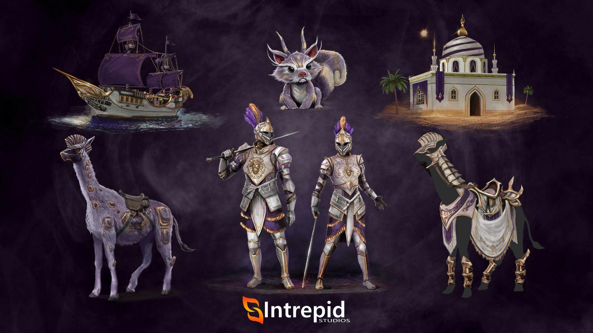 Purple background with an array of images included in the paragon's vigil pre-order packages