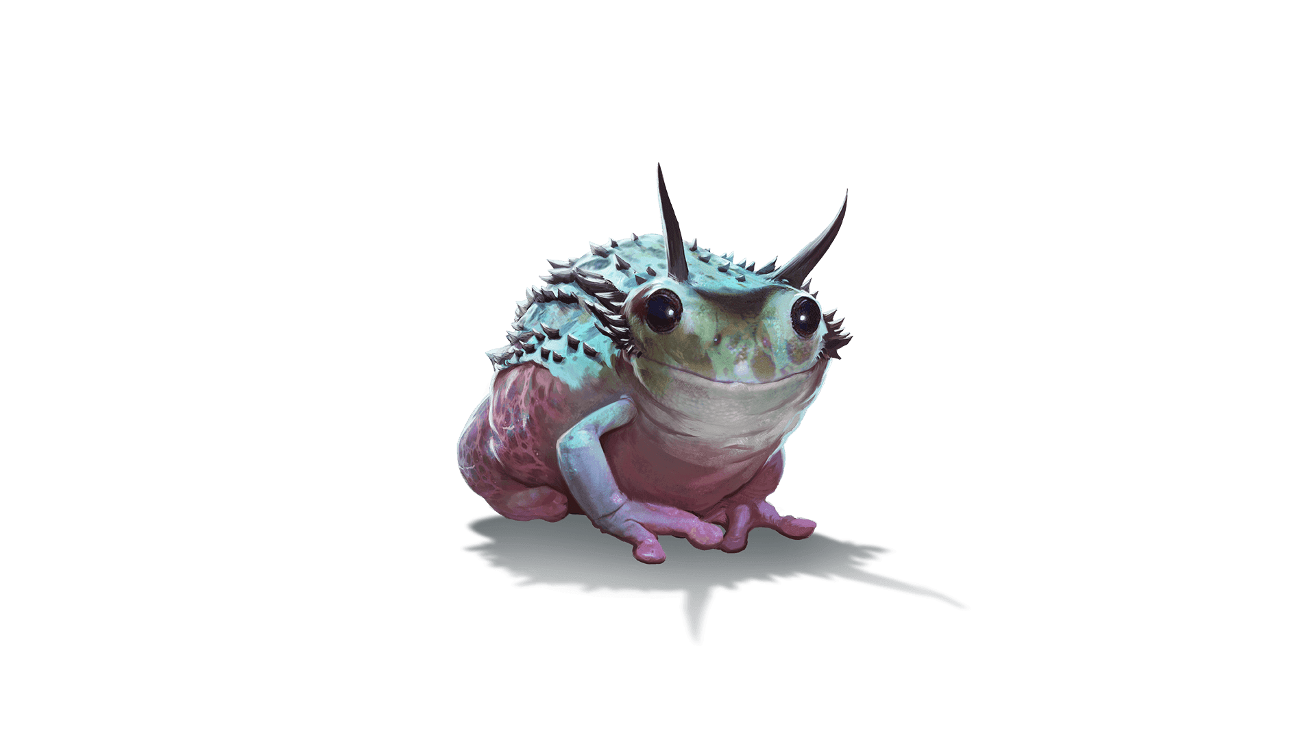 A pink, green, and blue frog sits with a half smile on its face and two giant horns coming out of its head.