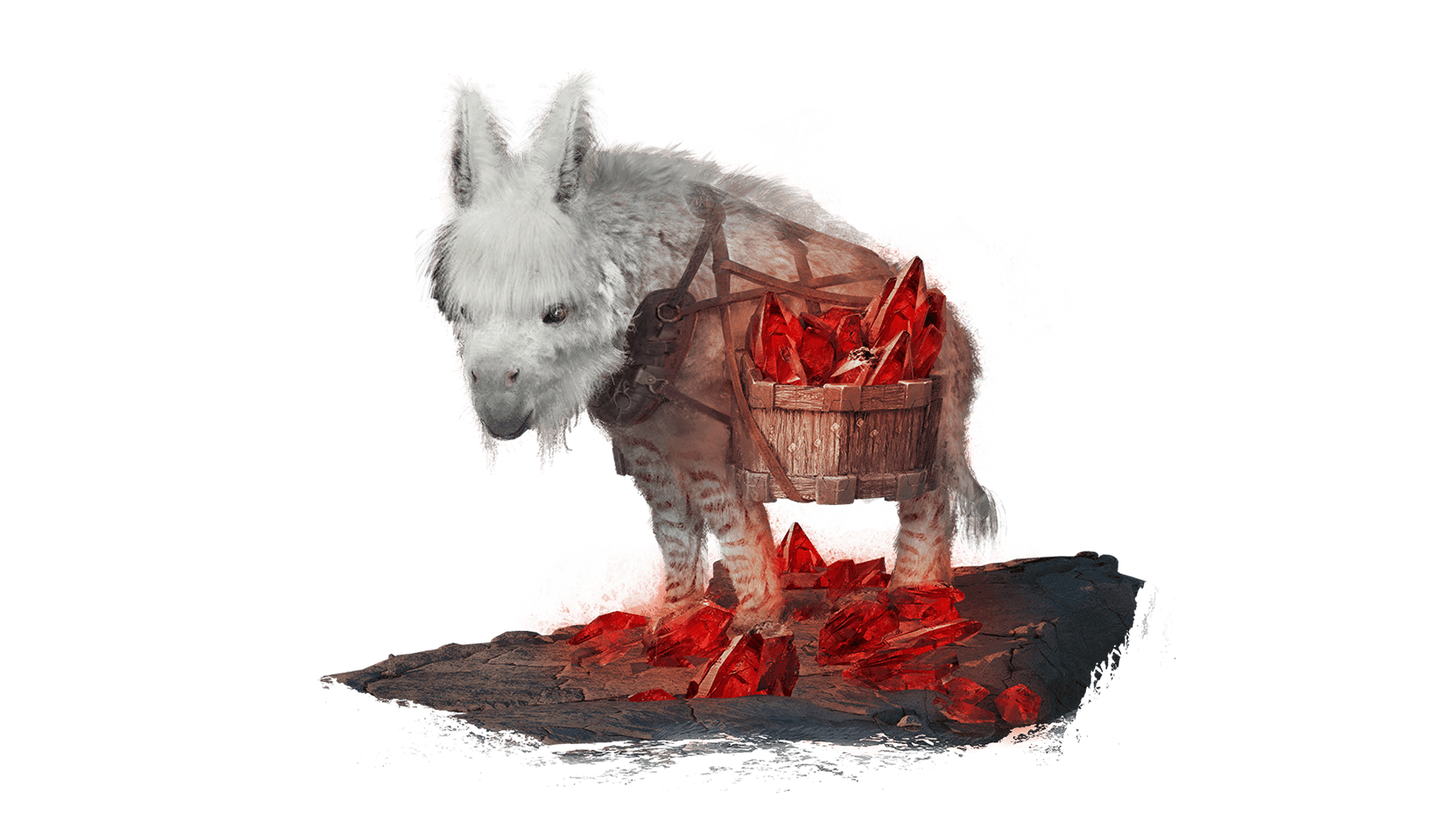 A donkey like creature with fluffy white fur and stripes on its legs stands with a wooden basket overflowing with rubies attached to its side.