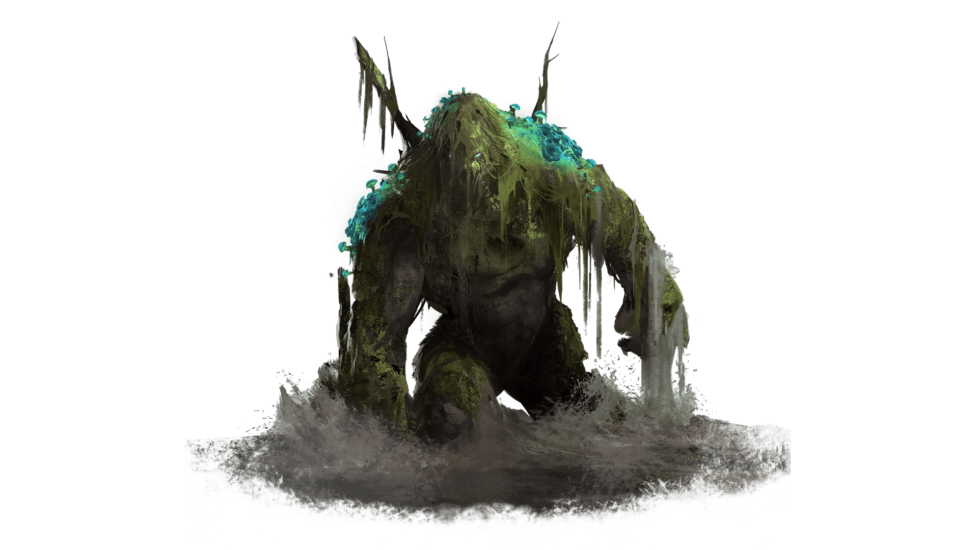 Green swamp monster with glowing blue eyes emerges from the water with blue mushrooms growing off of its back.