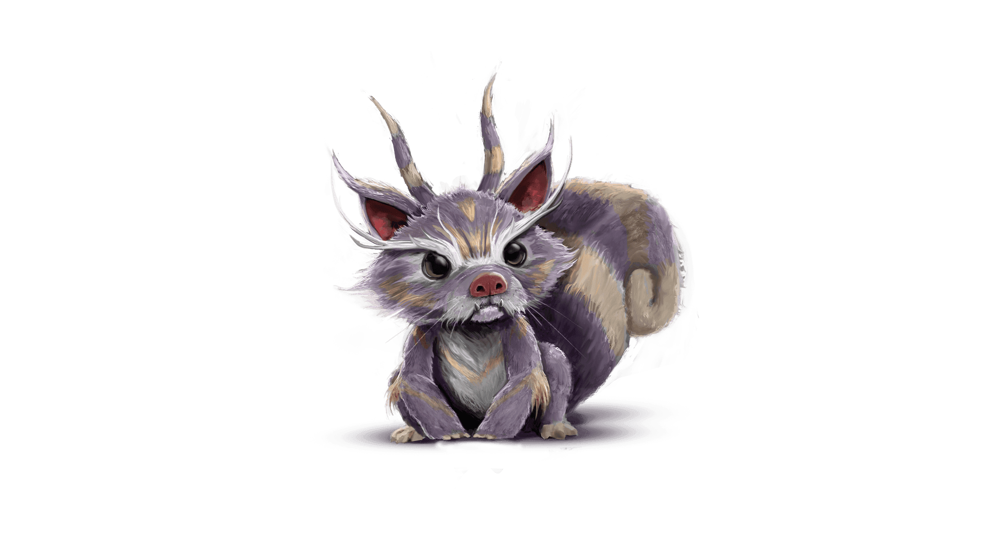 A grumpy looking squirrel creature sits with purple and yellow fur. The creature has a pink nose, underbite, and two horns coming out from the top of its head. 