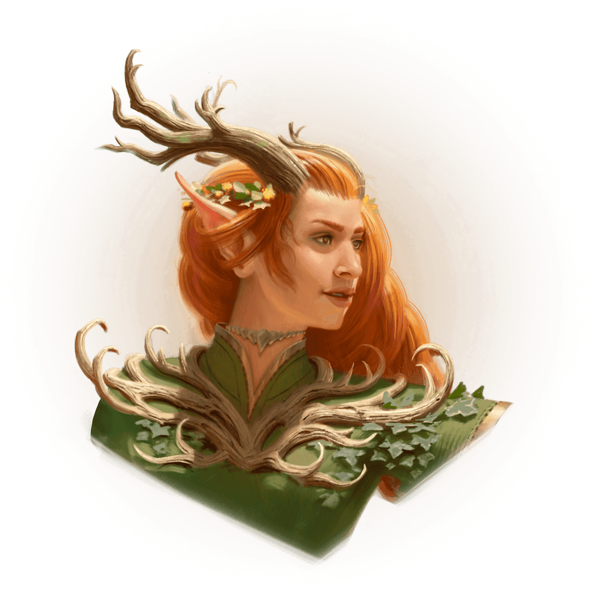 an elf woman with fair skin, long wavy red hair, long pointed ears, and two large horns that resemble tree sturdy branches. She is wearing a green tunic covered in leaves with an elaborate white chestpiece that resembles horns curling outwards