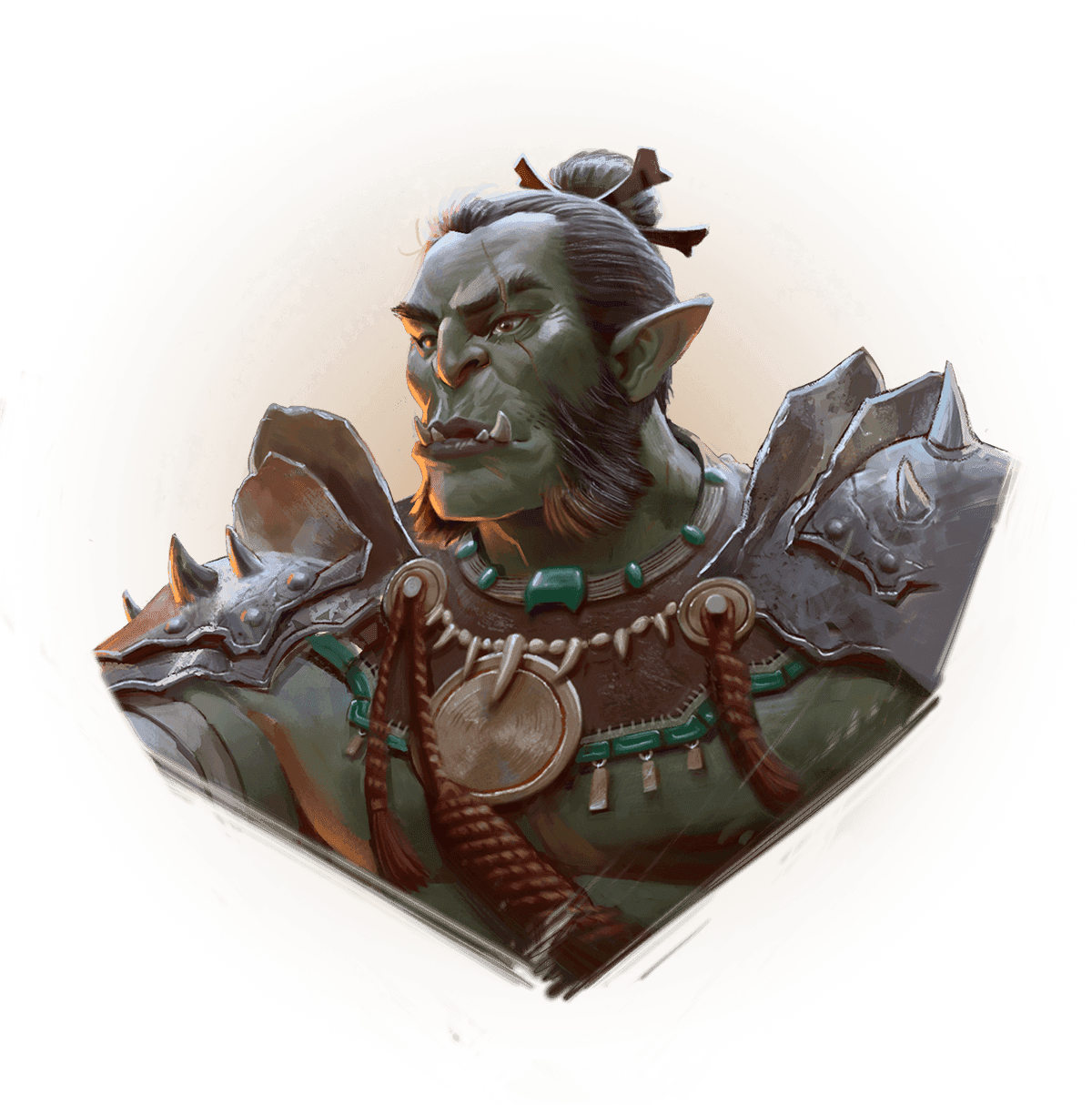 an orc man with green skin, dark hair neatly tied back, a beard on his cheeks, and two large teeth pointing up from his bottom jaw. He is wearing metal spiked pauldrons and a leather chest strap decorated with beads.