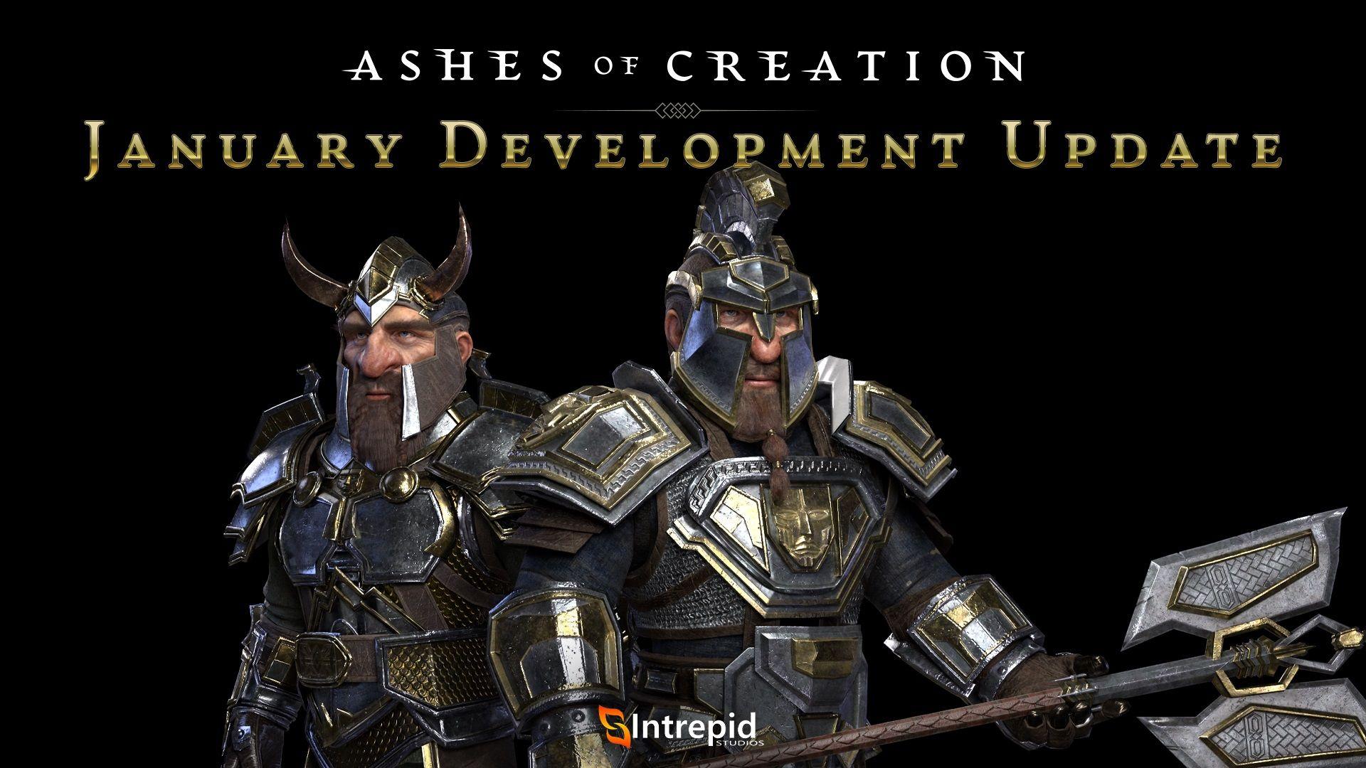 Two Dunir dwarves are armed for battle. Both are fully suited in silver and gold armor and one is carrying a giant battle hammer. 