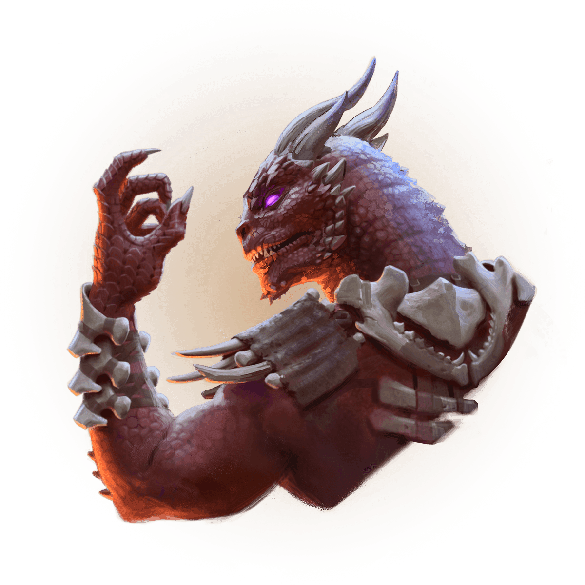 a tular with red scaly skin, a dragon-like face, and two large horns on the top of his head pointing away from his face. He is wearing armor made of leather with white bones sewn into it