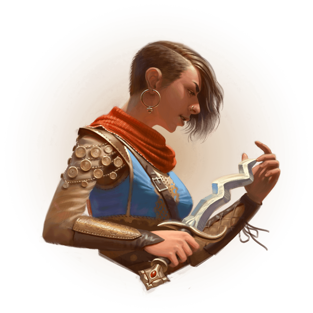 A woman with tanned skin, dark eyes, and short brown hair faces right her eyes pointed down examining a dagger in her right hand. She wears bright blue light armor with golden accents and a red scarf.