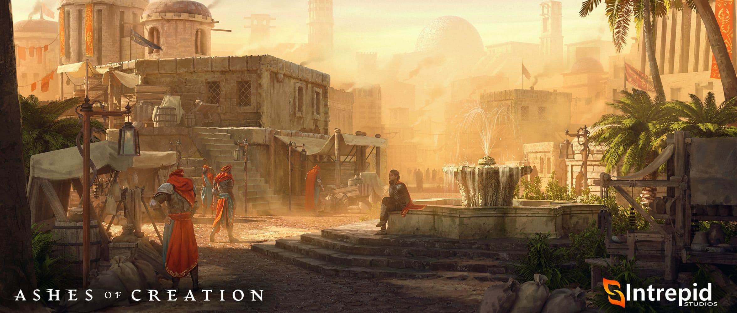 A city center with a stone fountain, cobblestone streets, and some worn stone buildings in the background. Some guards are walking around and a person sits on the edge of the fountain 