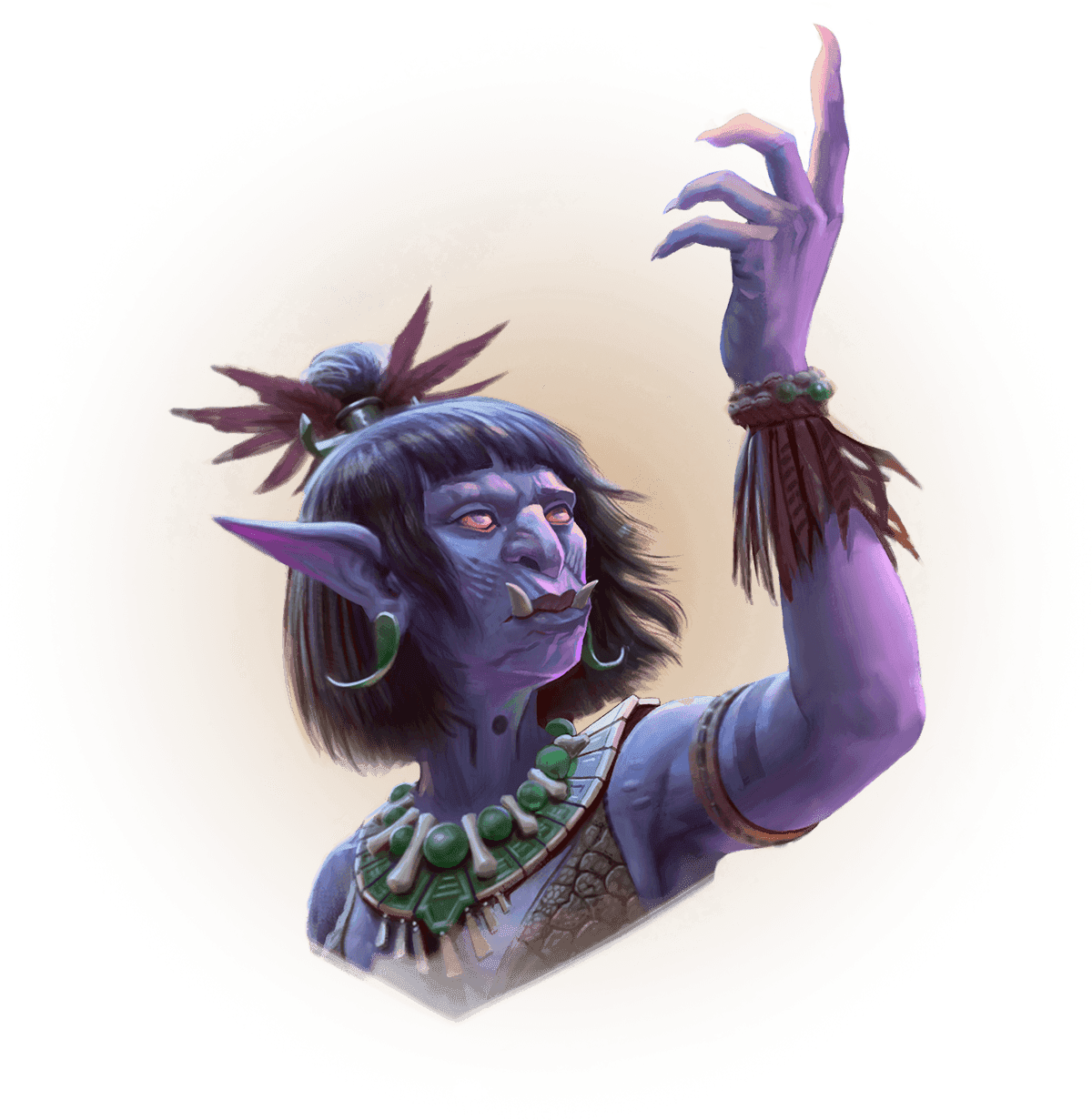 an orc woman with purple skin, dark hair half in a bun on the top of her head, and two large teeth pointing up from her bottom jaw. She is wearing light leather armor and a large ornate necklace with bones and bright green beads