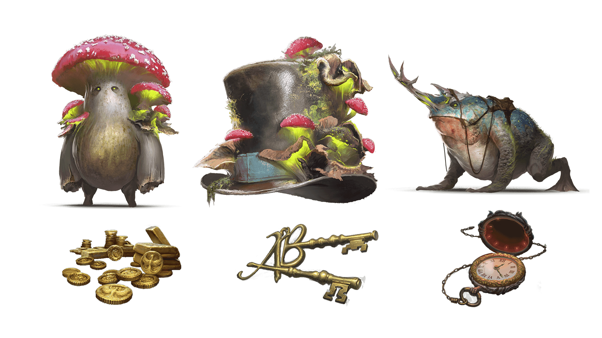 6 images of items included in the voyager pre-order package. A pocket watch for game time, a coin for embers, a key for game access, the accessory, the pet, and mount