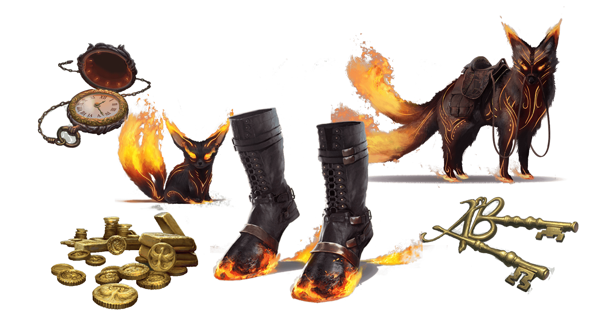6 images of items included in the voyager pre-order package. A pocket watch for game time, a coin for embers, a key for game access, the accessory, the pet, and mount