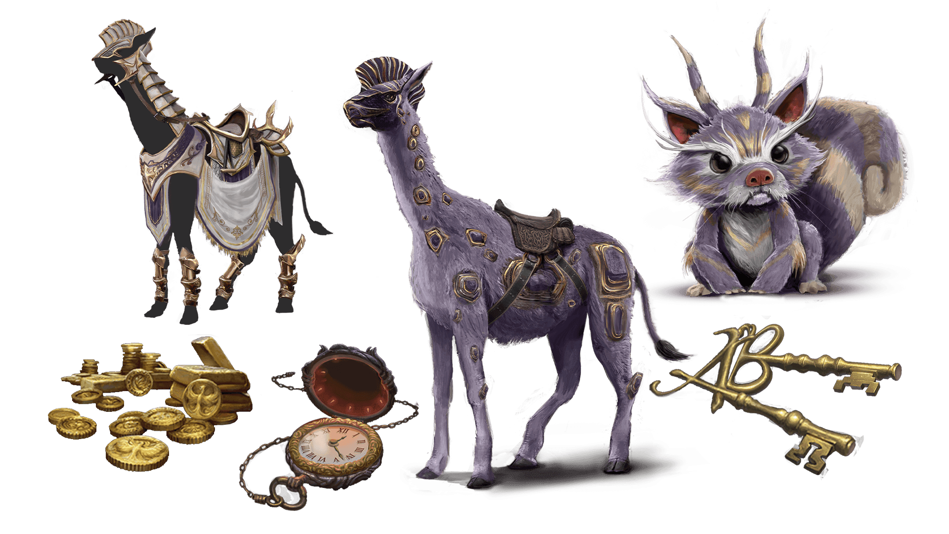 6 images of items included in the voyager pre-order package. A pocket watch for game time, a coin for embers, a key for game access, the accessory, the pet, and mount