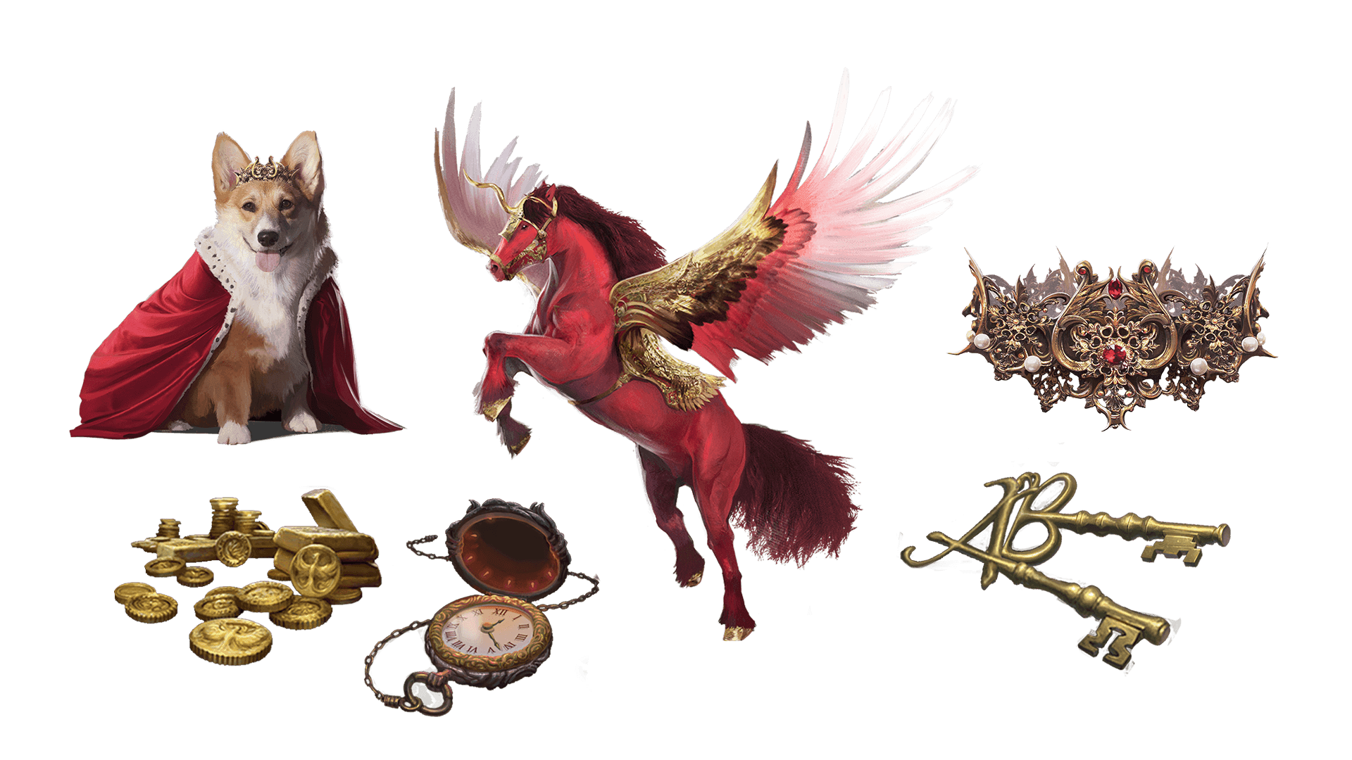 6 images of items included in the voyager pre-order package. A pocket watch for game time, a coin for embers, a key for game access, the accessory, the pet, and mount