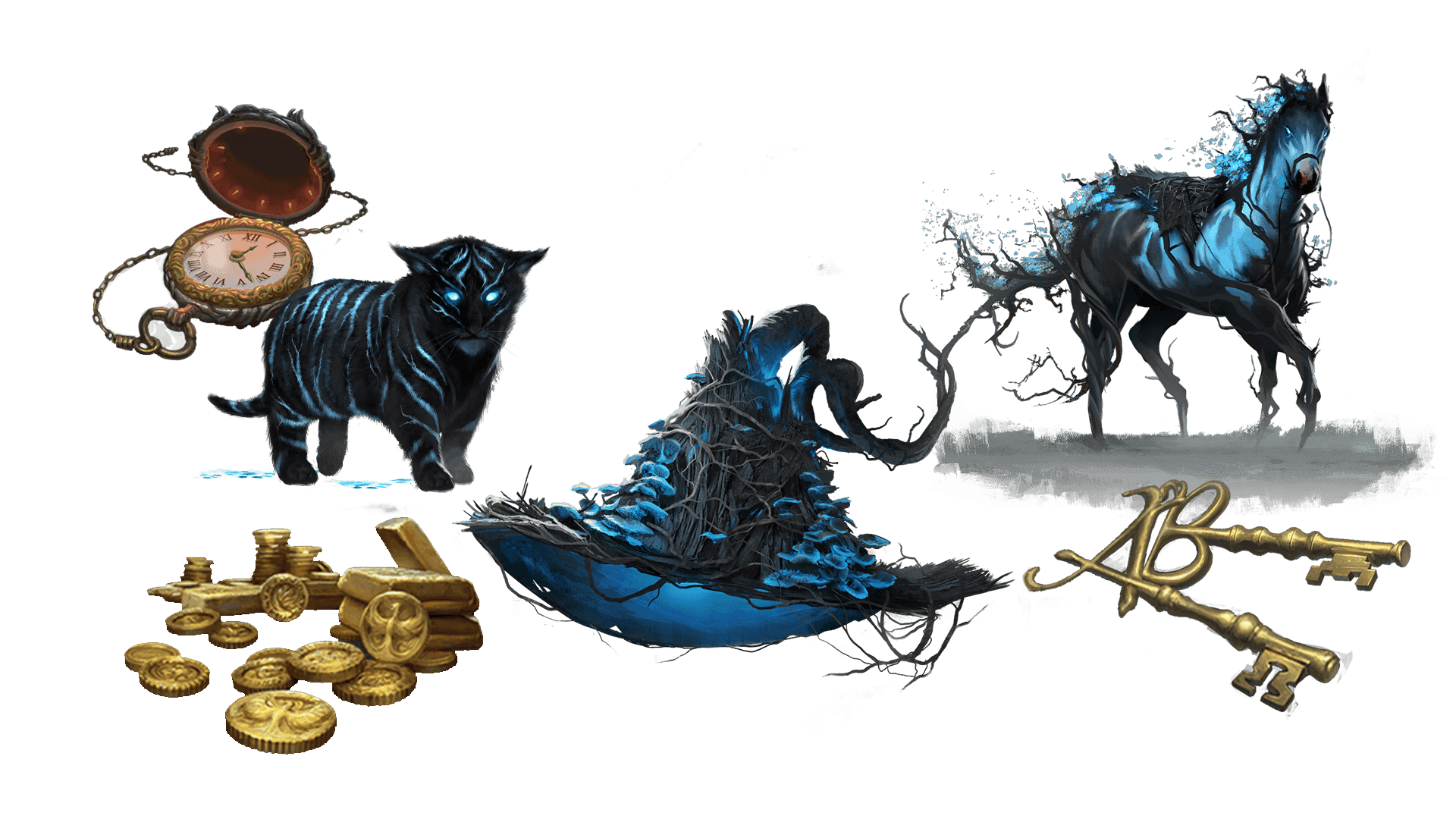 6 images of items included in the voyager pre-order package. A pocket watch for game time, a coin for embers, a key for game access, the accessory, the pet, and mount