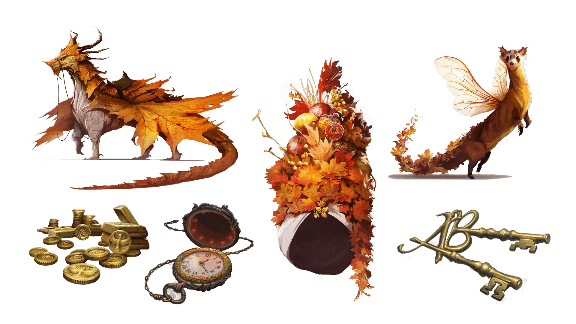 6 images of items included in the voyager pre-order package. A pocket watch for game time, a coin for embers, a key for game access, the accessory, the pet, and mount