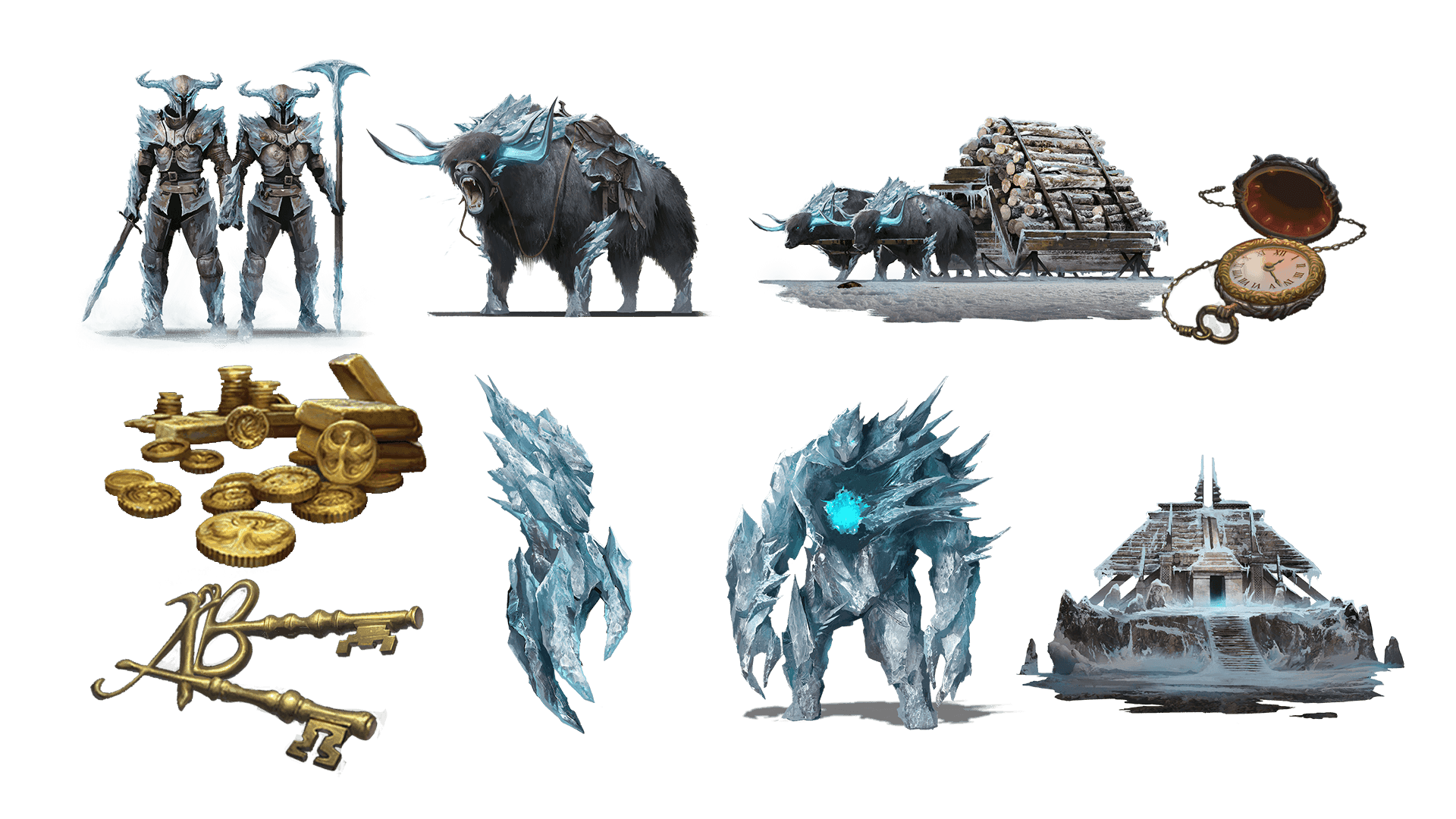 9 images of items included in the voyager plus pre-order package. A pocket watch for game time, a coin for embers, a key for game access, the accessory, the pet, mount, costume, caravan, and freehold