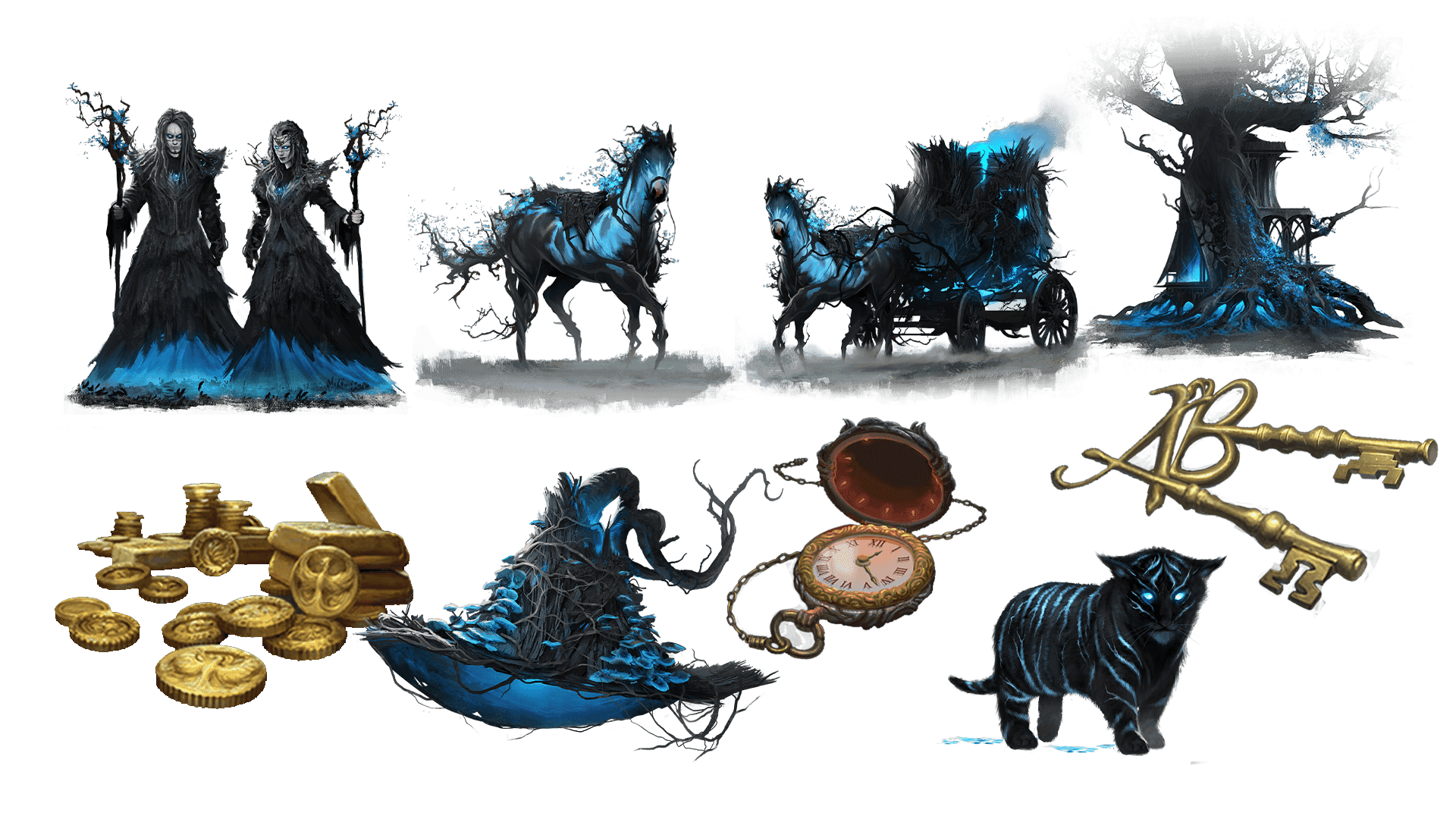9 images of items included in the voyager plus pre-order package. A pocket watch for game time, a coin for embers, a key for game access, the accessory, the pet, mount, costume, caravan, and freehold
