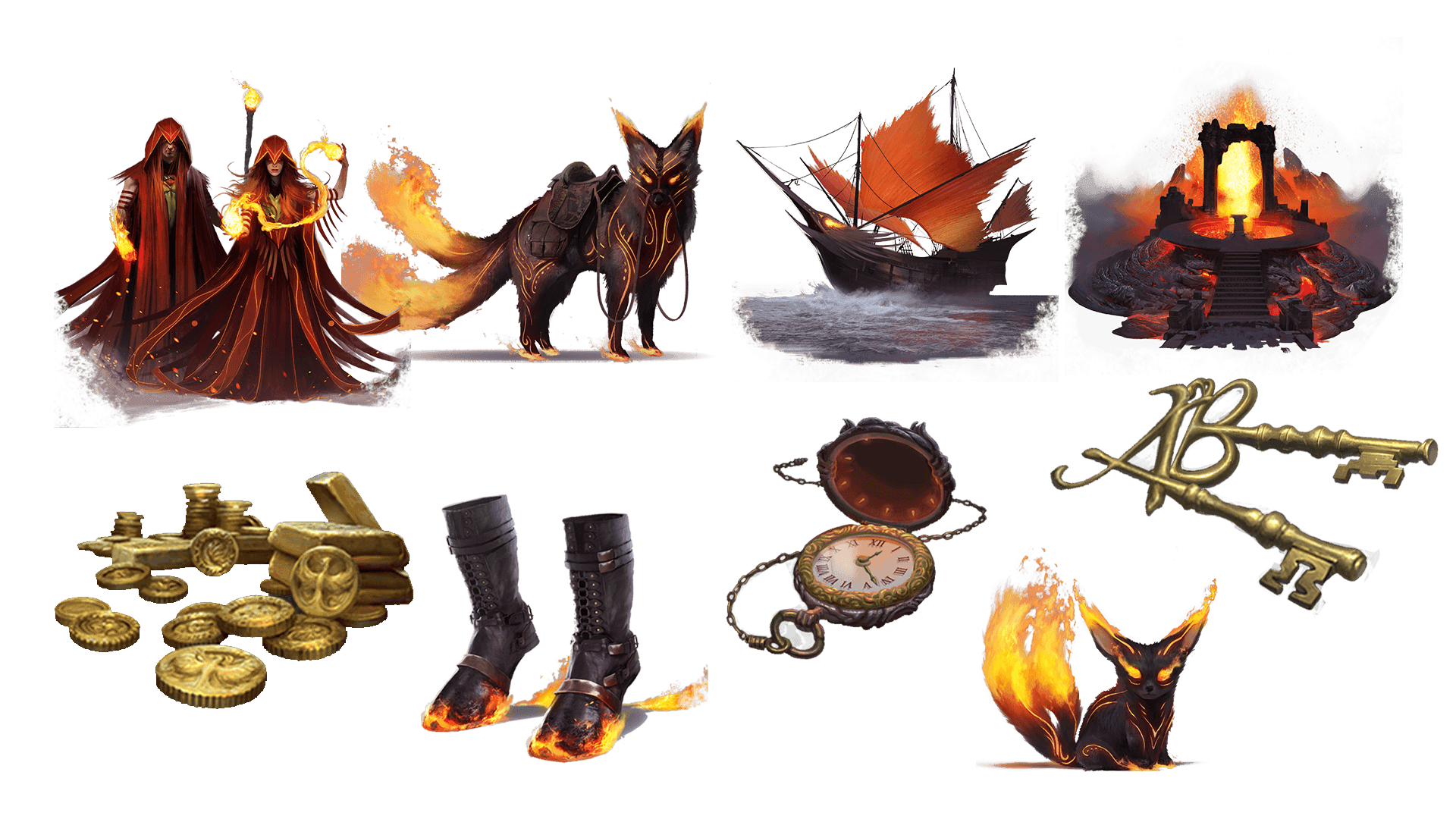 9 images of items included in the voyager plus pre-order package. A pocket watch for game time, a coin for embers, a key for game access, the accessory, the pet, mount, costume, caravan, and freehold