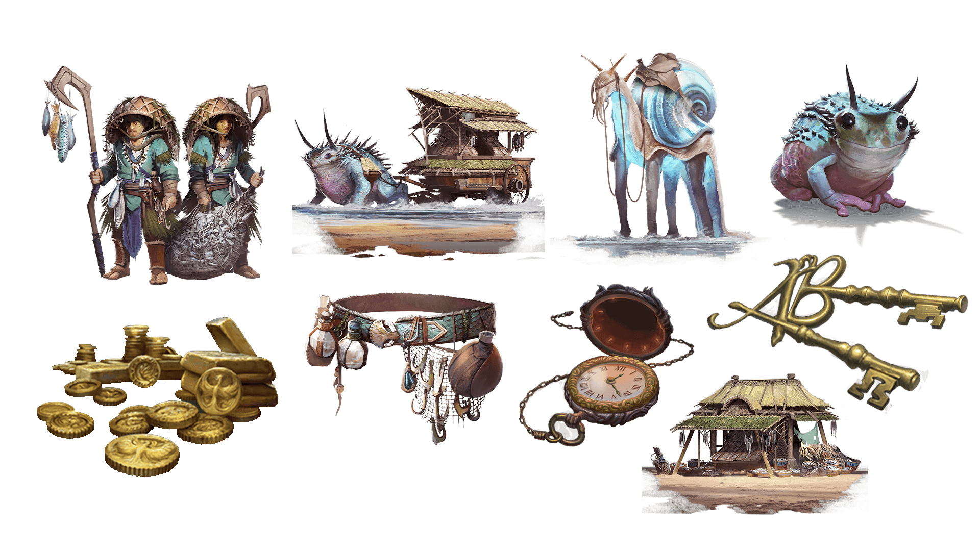 9 images of items included in the voyager plus pre-order package. A pocket watch for game time, a coin for embers, a key for game access, the accessory, the pet, mount, costume, caravan, and freehold