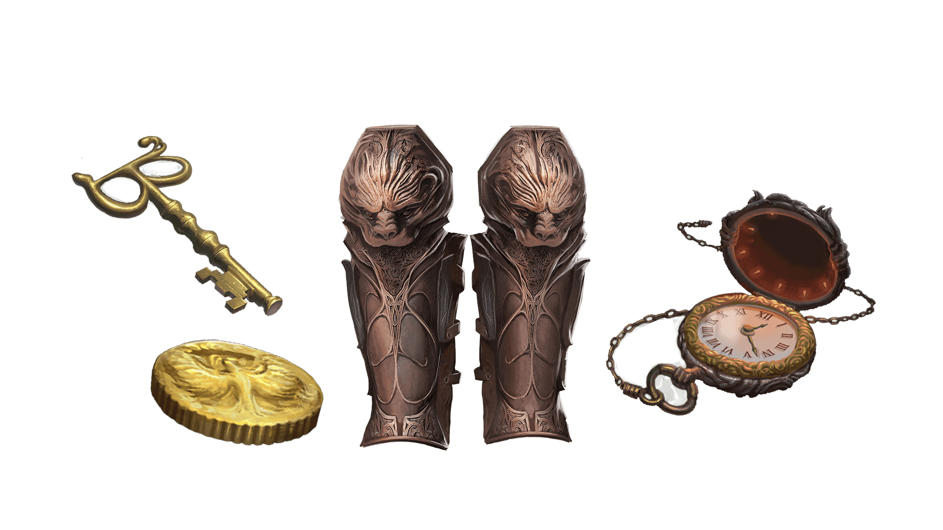 4 images of items included in the wayfarer pre-order package. A pocket watch for game time, a coin for embers, a key for game access, and the accessory