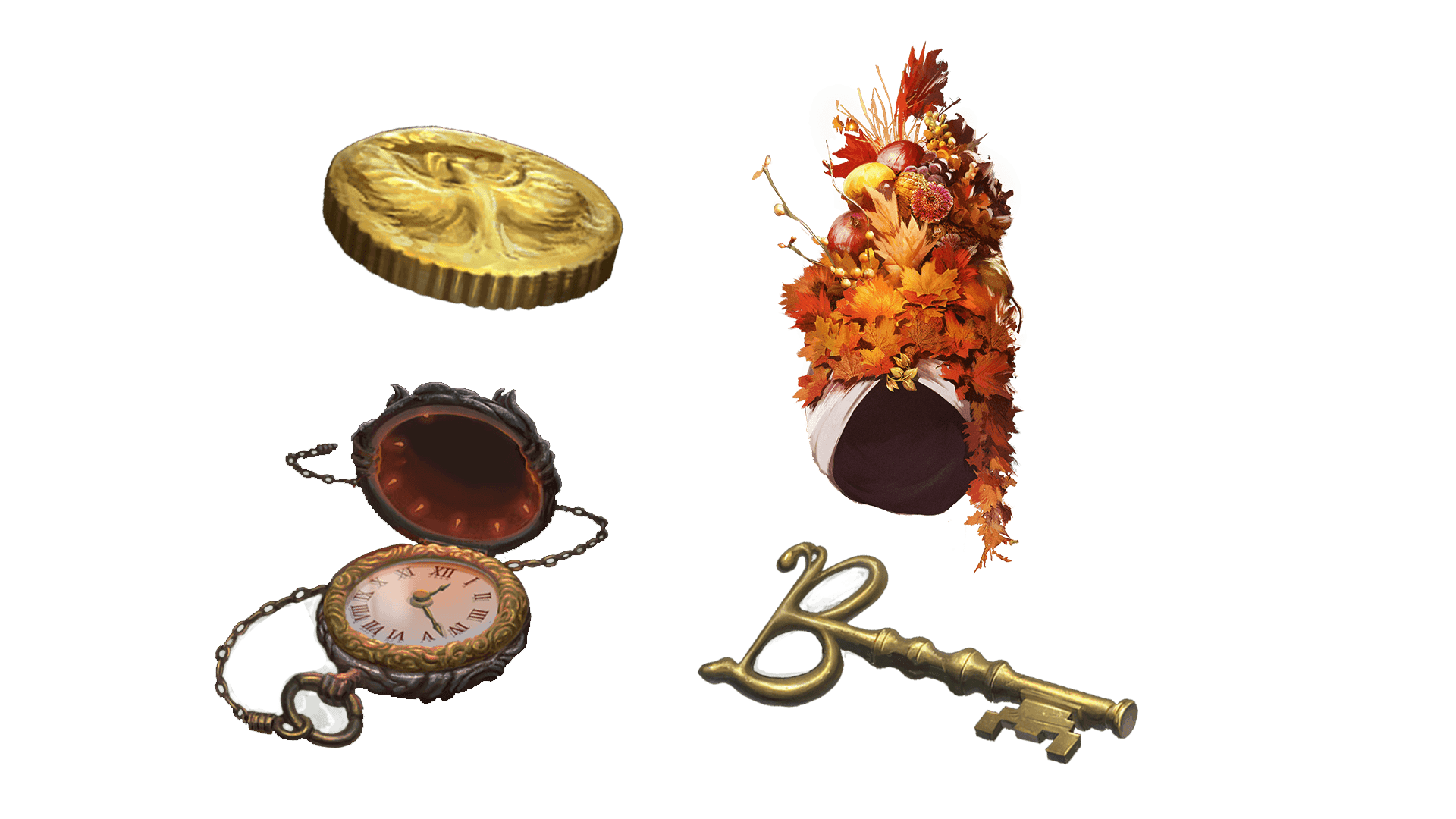 4 images of items included in the wayfarer pre-order package. A pocket watch for game time, a coin for embers, a key for game access, and the accessory