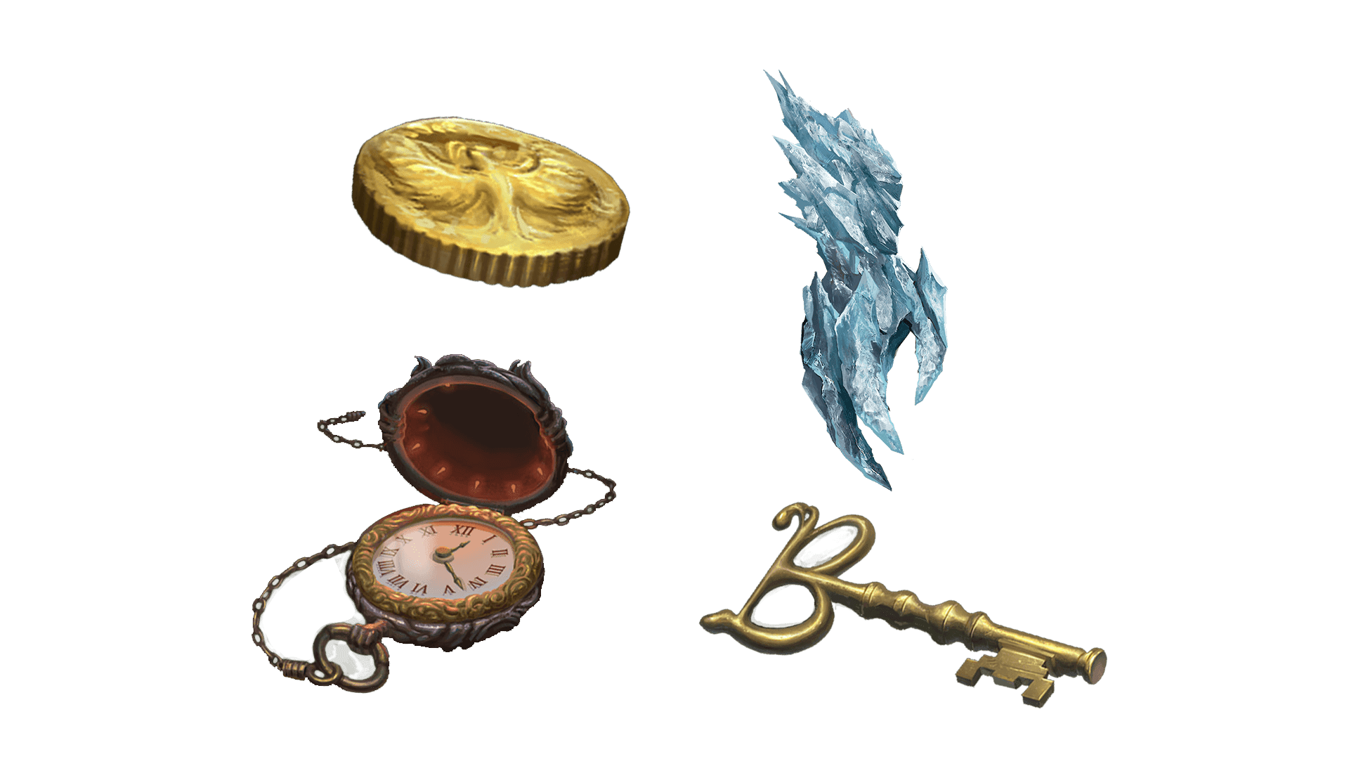 4 images of items included in the wayfarer pre-order package. A pocket watch for game time, a coin for embers, a key for game access, and the accessory