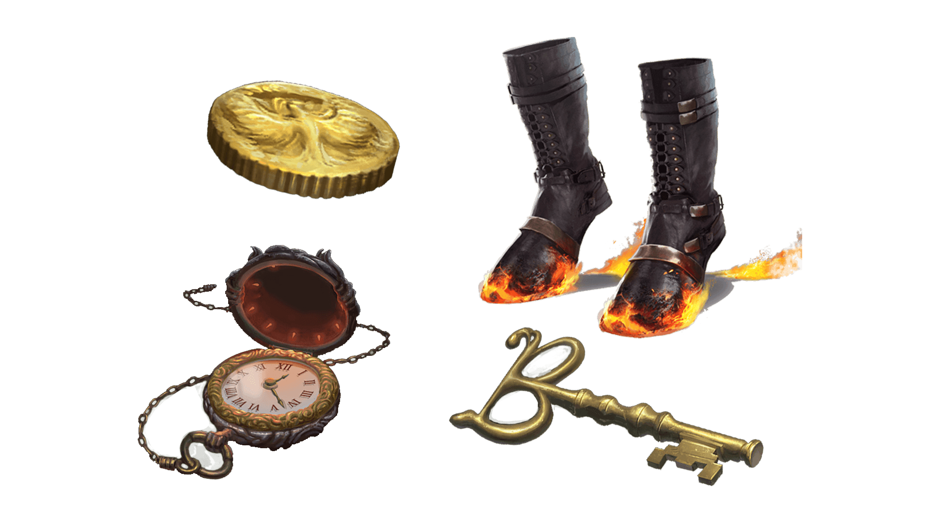 4 images of items included in the wayfarer pre-order package. A pocket watch for game time, a coin for embers, a key for game access, and the accessory