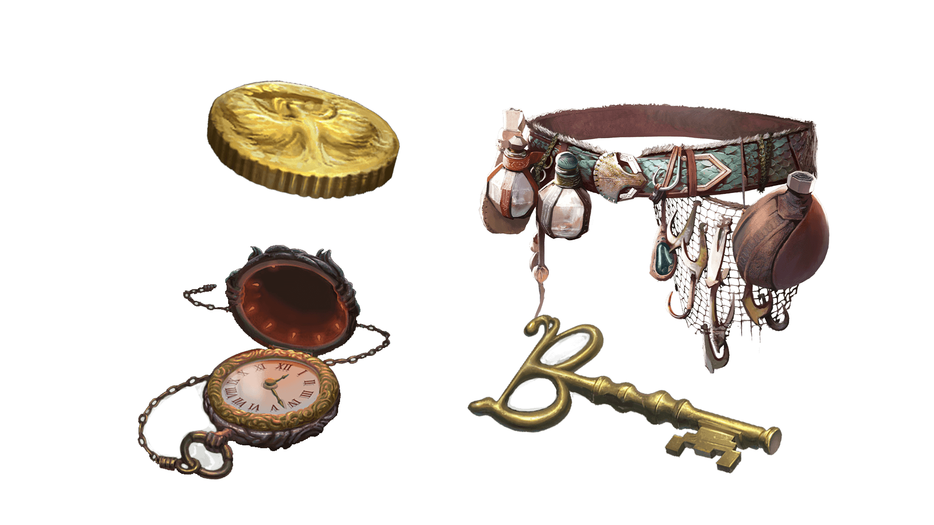 4 images of items included in the wayfarer pre-order package. A pocket watch for game time, a coin for embers, a key for game access, and the accessory