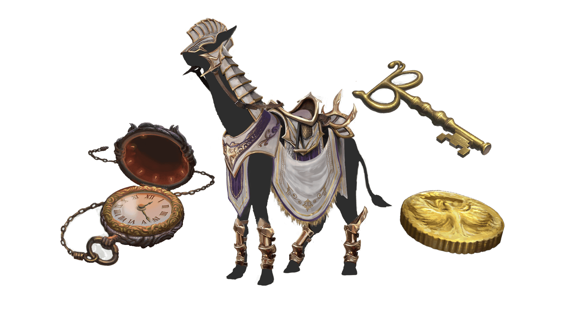 4 images of items included in the wayfarer pre-order package. A pocket watch for game time, a coin for embers, a key for game access, and the accessory