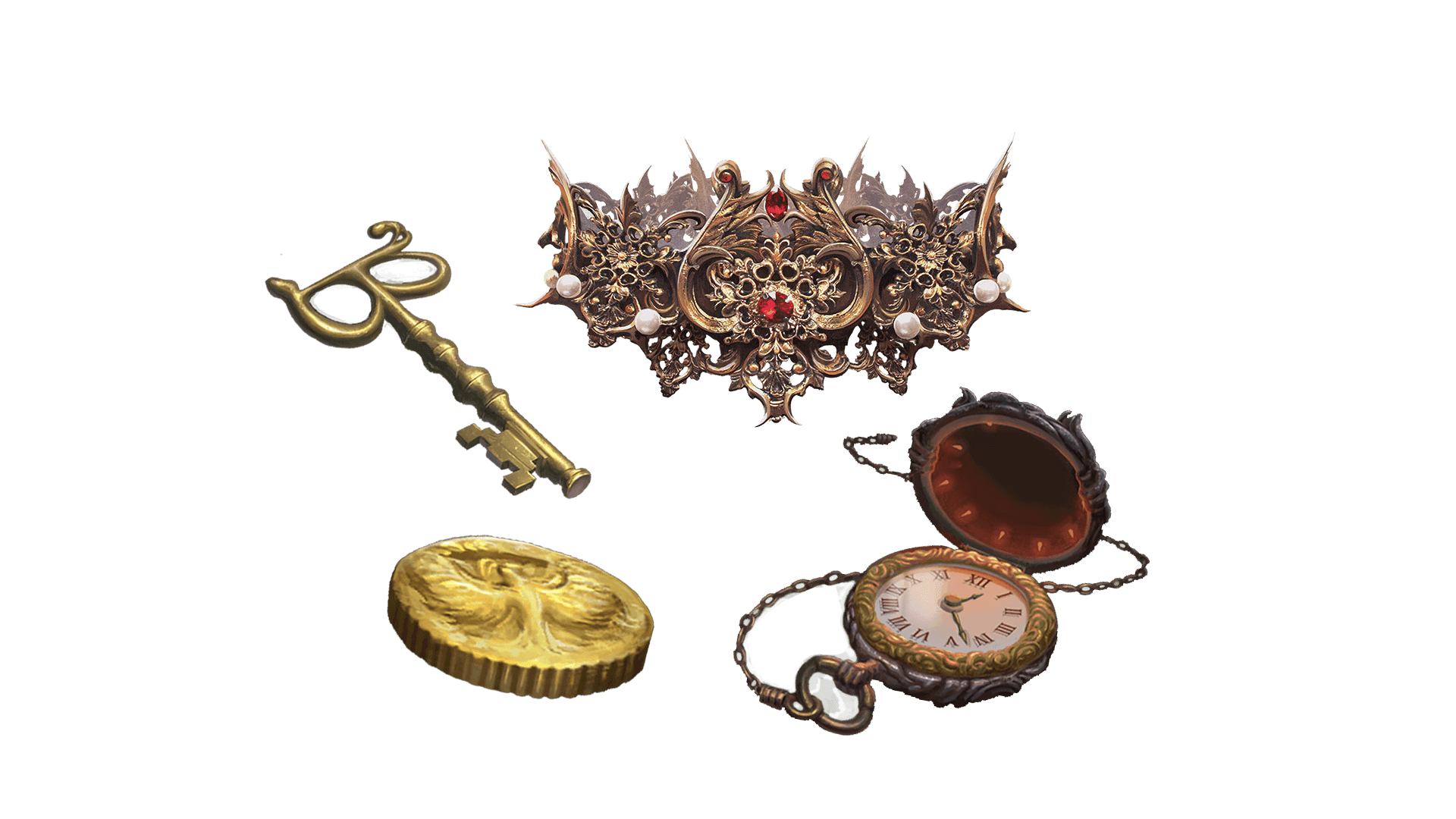 4 images of items included in the wayfarer pre-order package. A pocket watch for game time, a coin for embers, a key for game access, and the accessory
