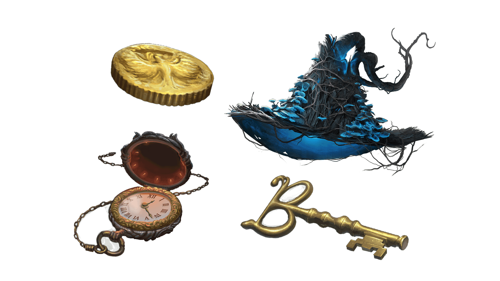 4 images of items included in the wayfarer pre-order package. A pocket watch for game time, a coin for embers, a key for game access, and the accessory
