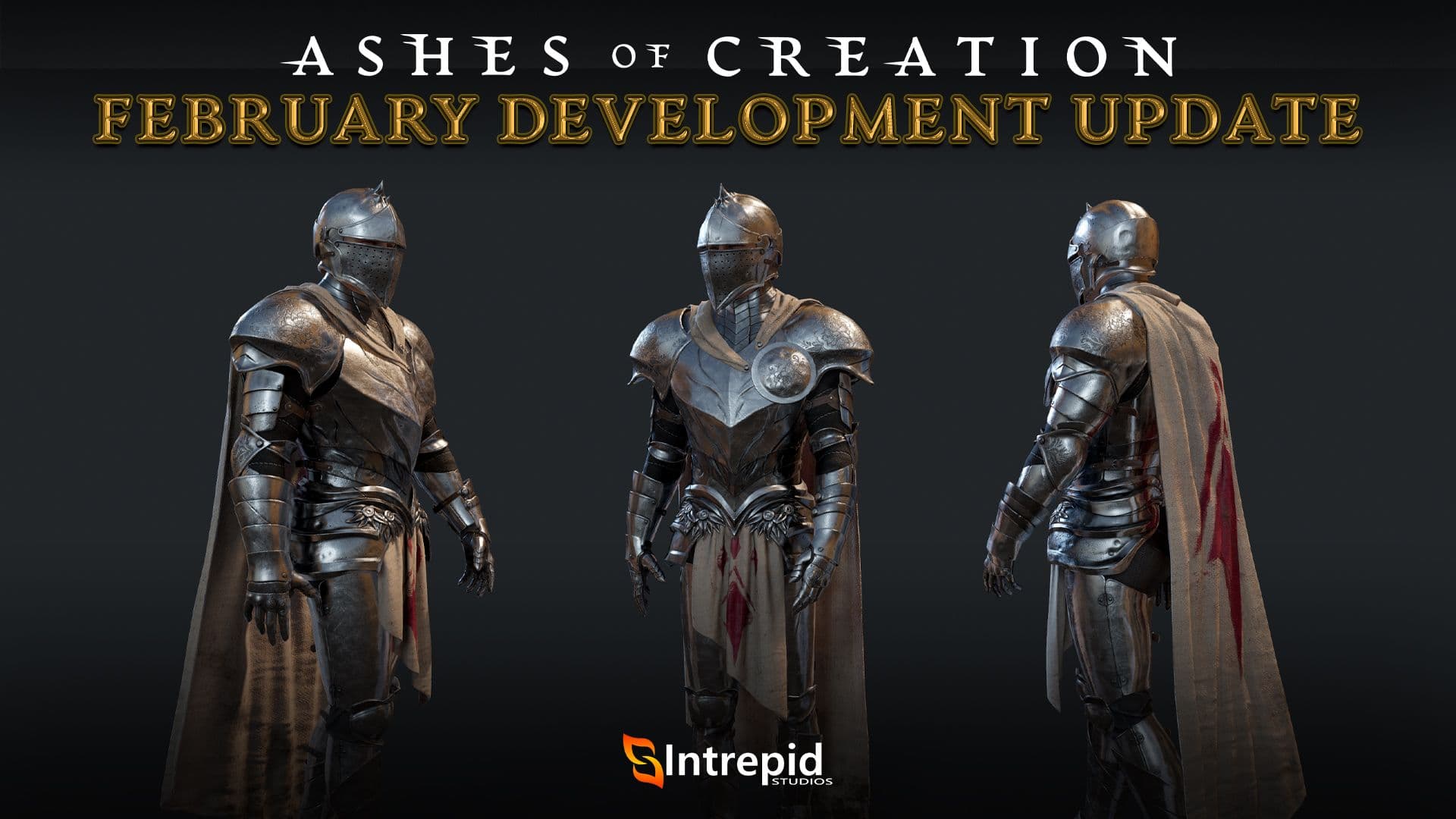 A front, left, and right view of a full armored suit. The suit is accompanied by a white cape with a red sigil on the back.