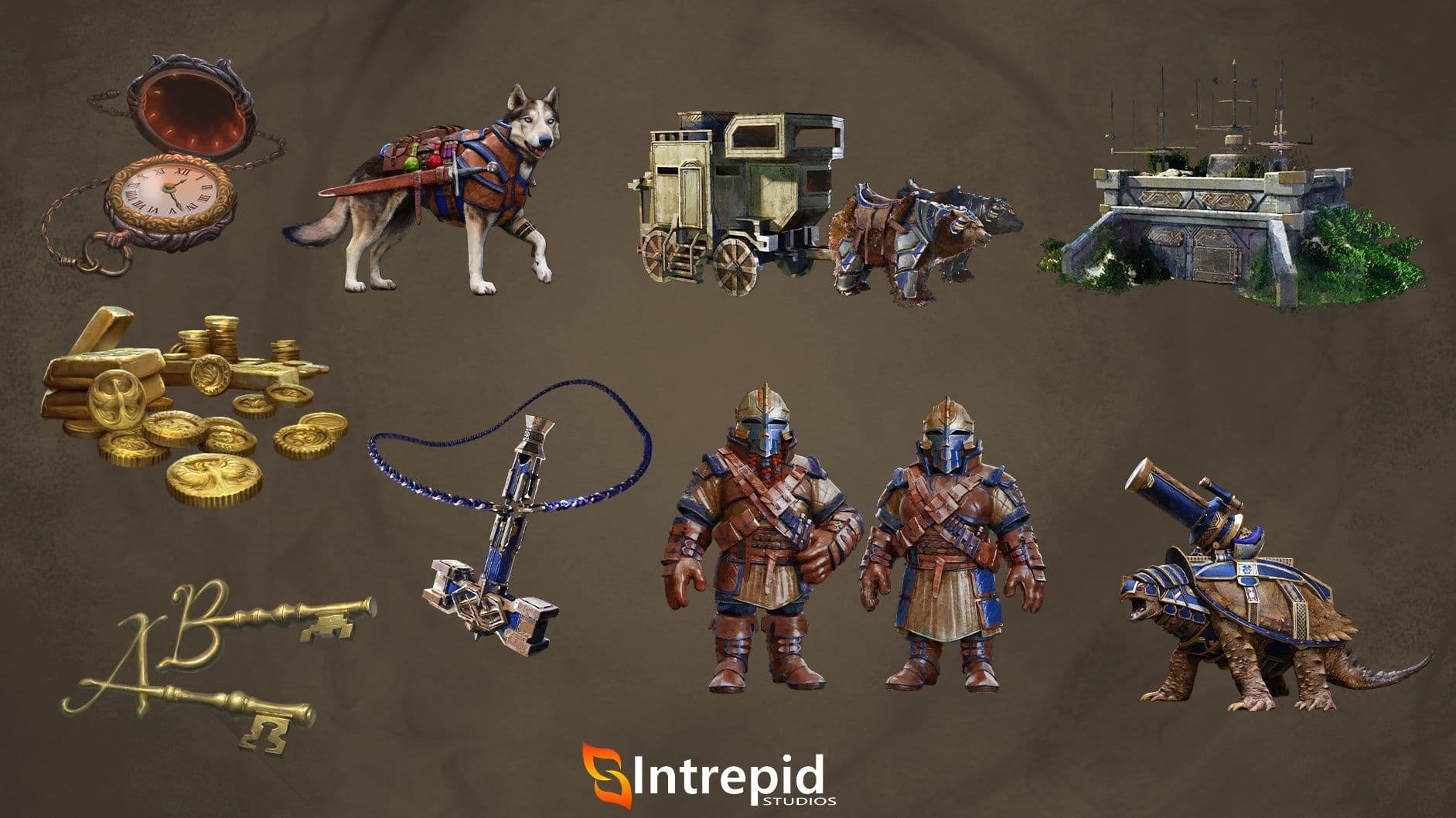 Brown background with an array of images included in the thunder at the gate pre-order packages