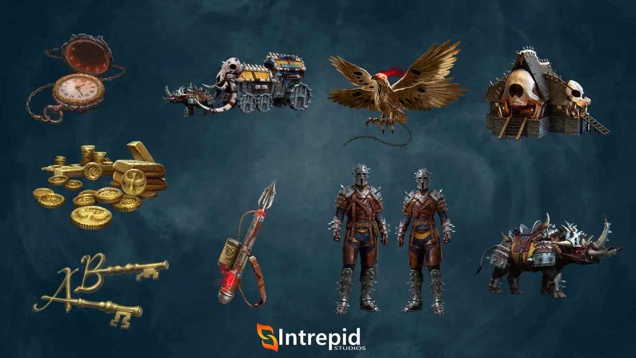 Blueish background with an array of images included in the order of the giantslayers pre-order packages