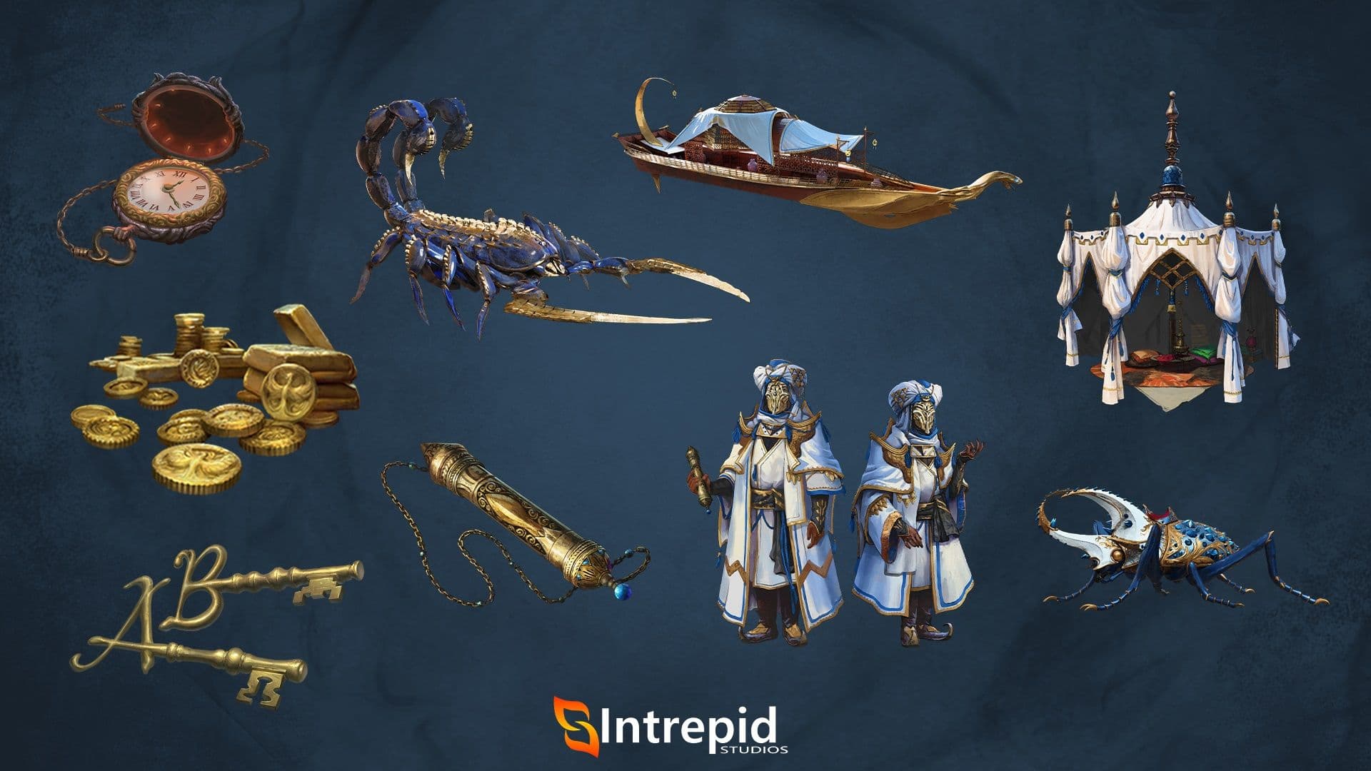 Blue background with an array of images included in the opulent negotiations pre-order packages