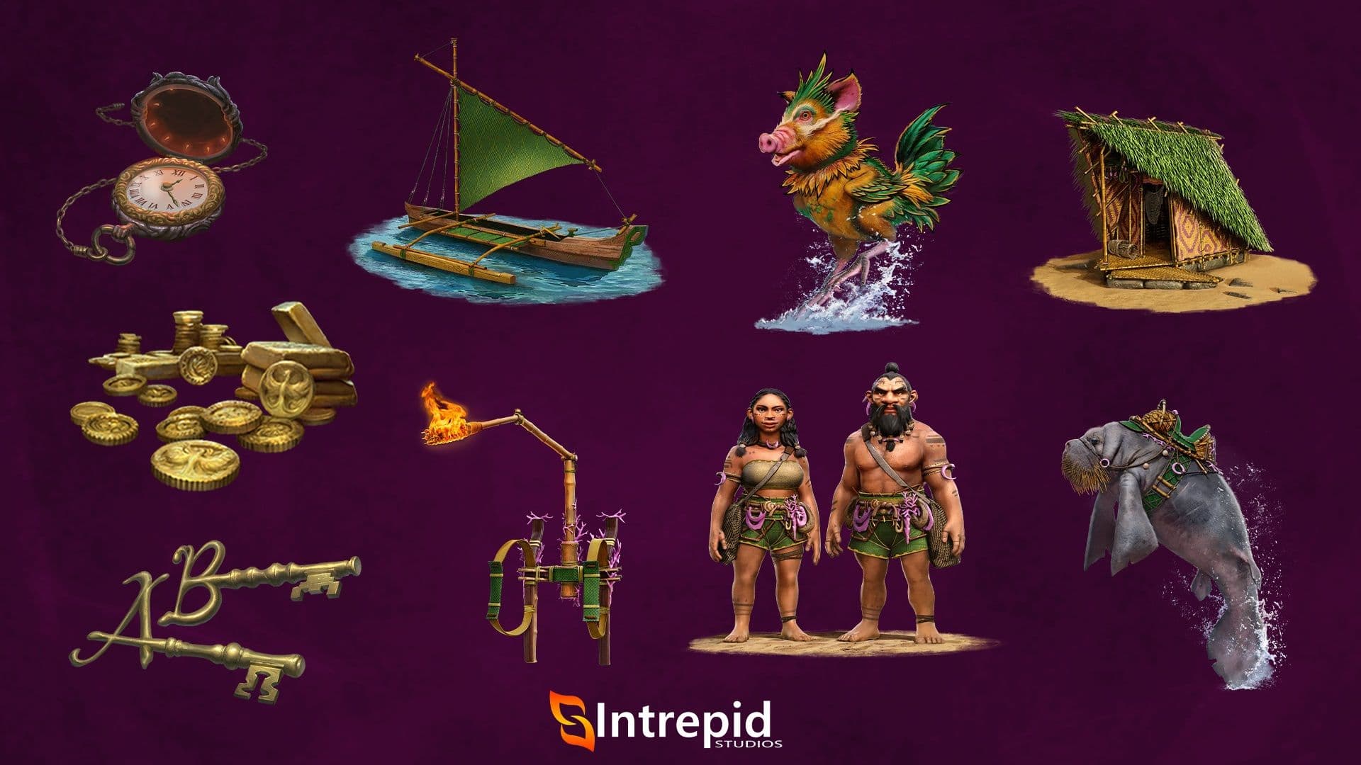 Purple background with an array of images included in the songs of the sea pre-order packages