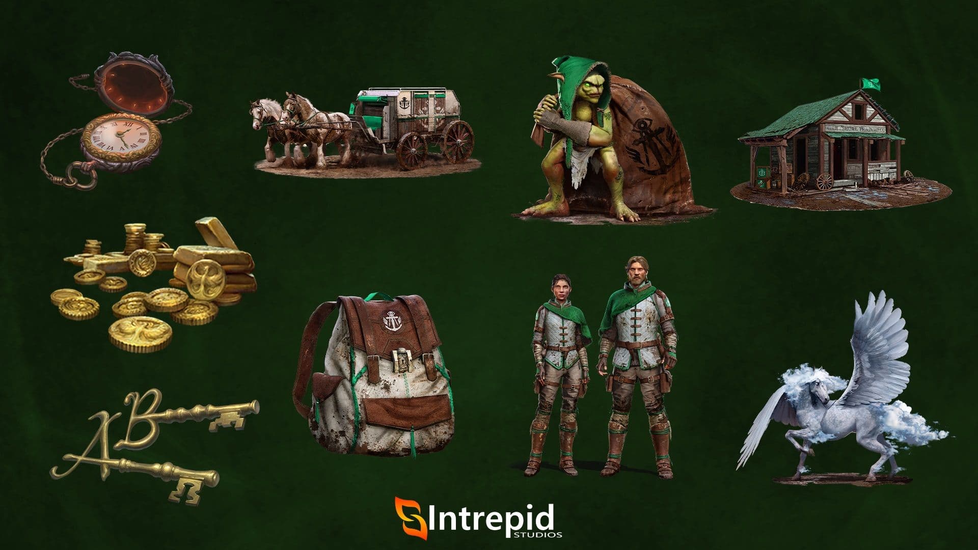 Green background with an array of images included in the niether snow, not curse, nor jundark at night pre-order packages