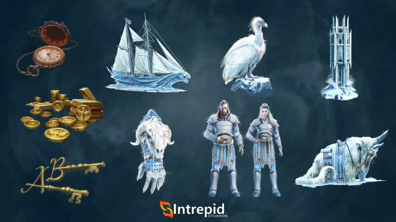 Blue background with an array of images included in the winter's nevermore pre-order packages