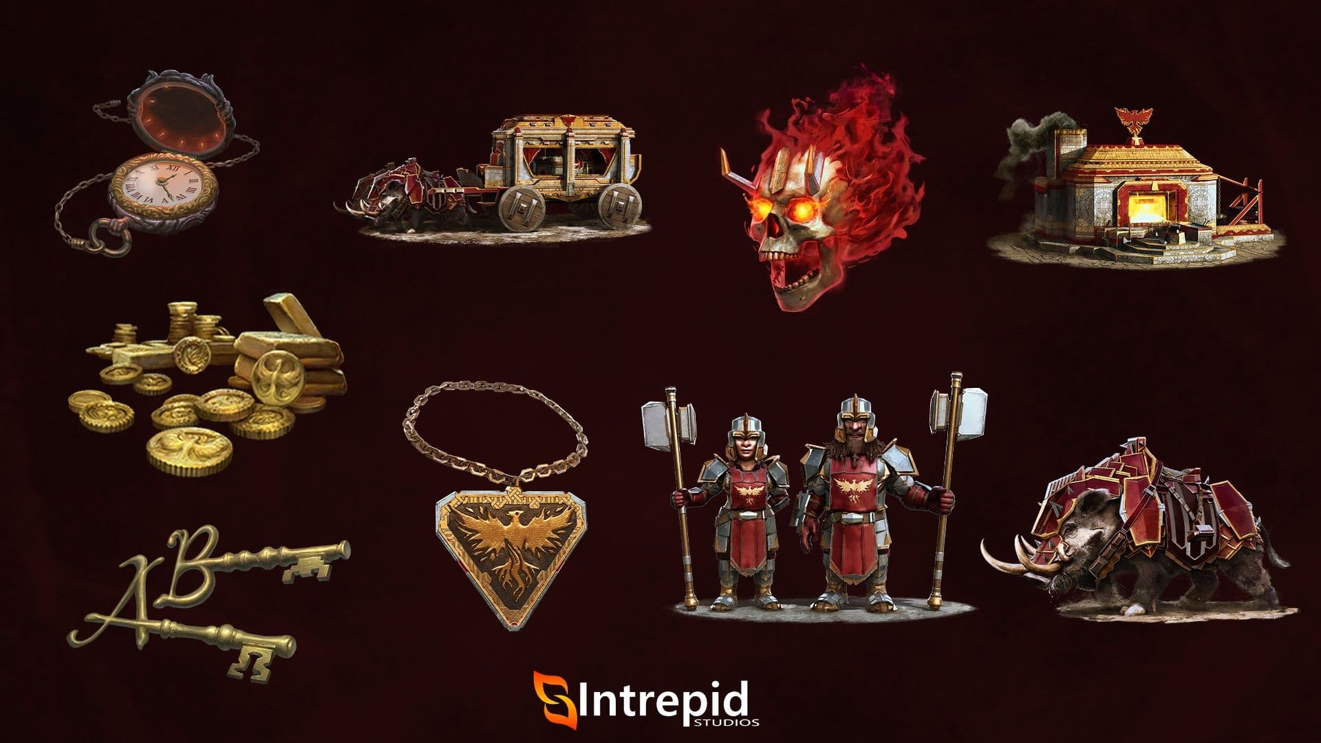 Dark red background with an array of images included in the none forgotten pre-order packages
